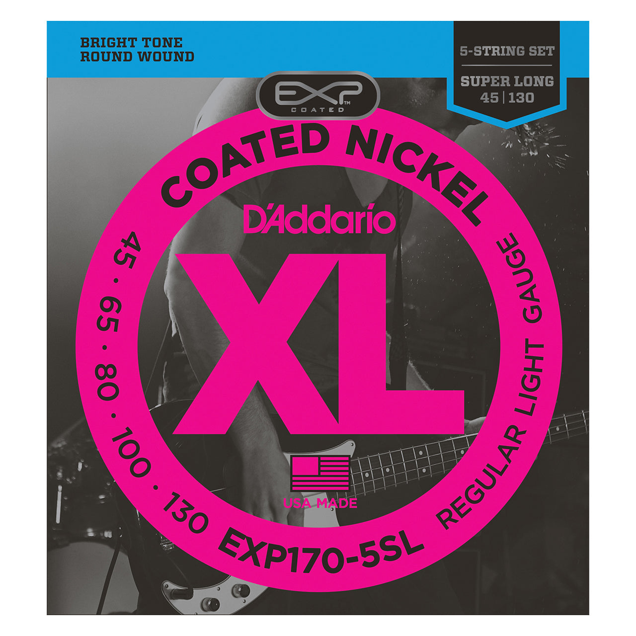 D'Addario EXP170-5SL Coated Nickel Regular Light 5-String Super Long Scale Electric Bass Strings, 45-130