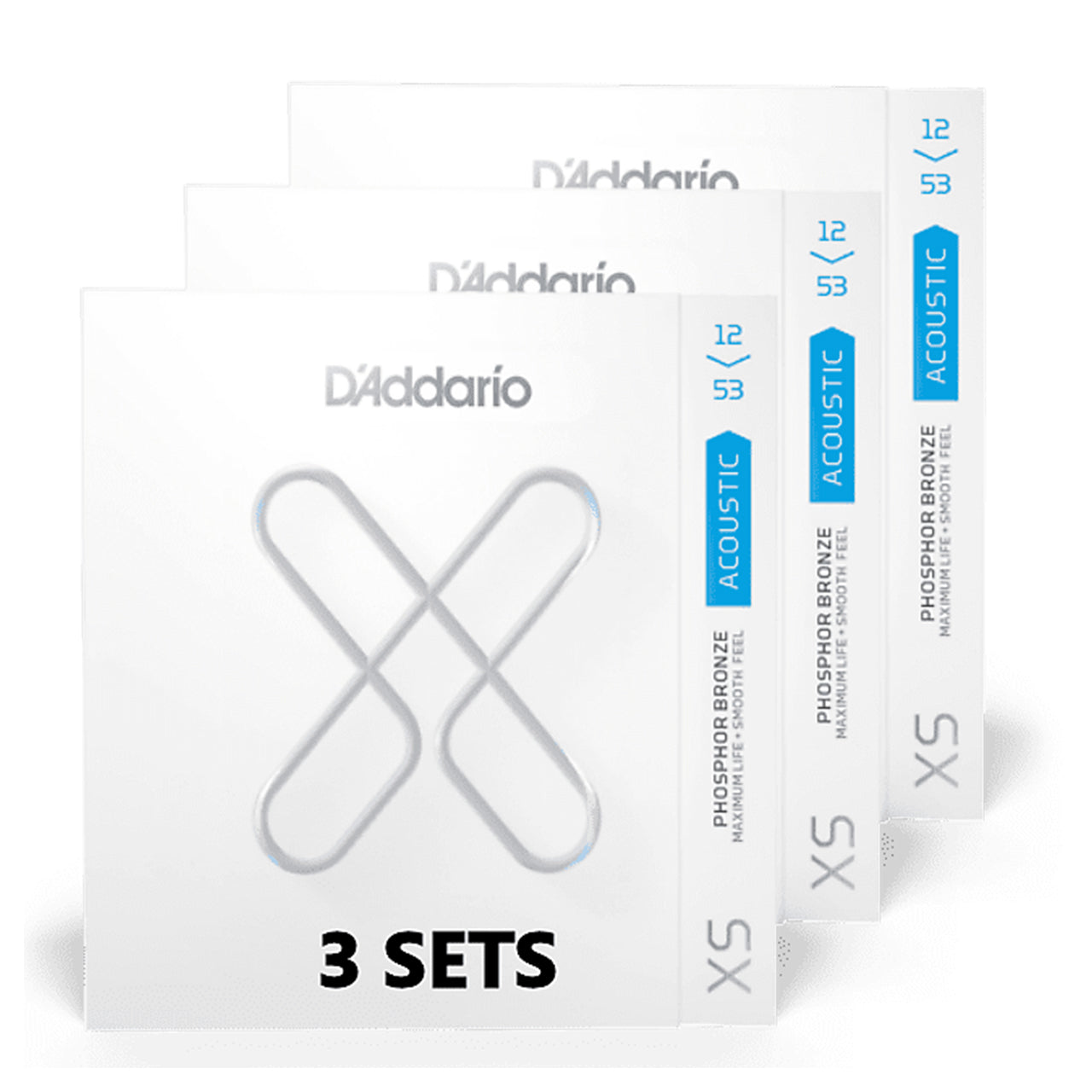 D'Addario XS Phosphor Bronze Coated Acoustic Guitar Strings, 12-53 Regular Light 3-Pack