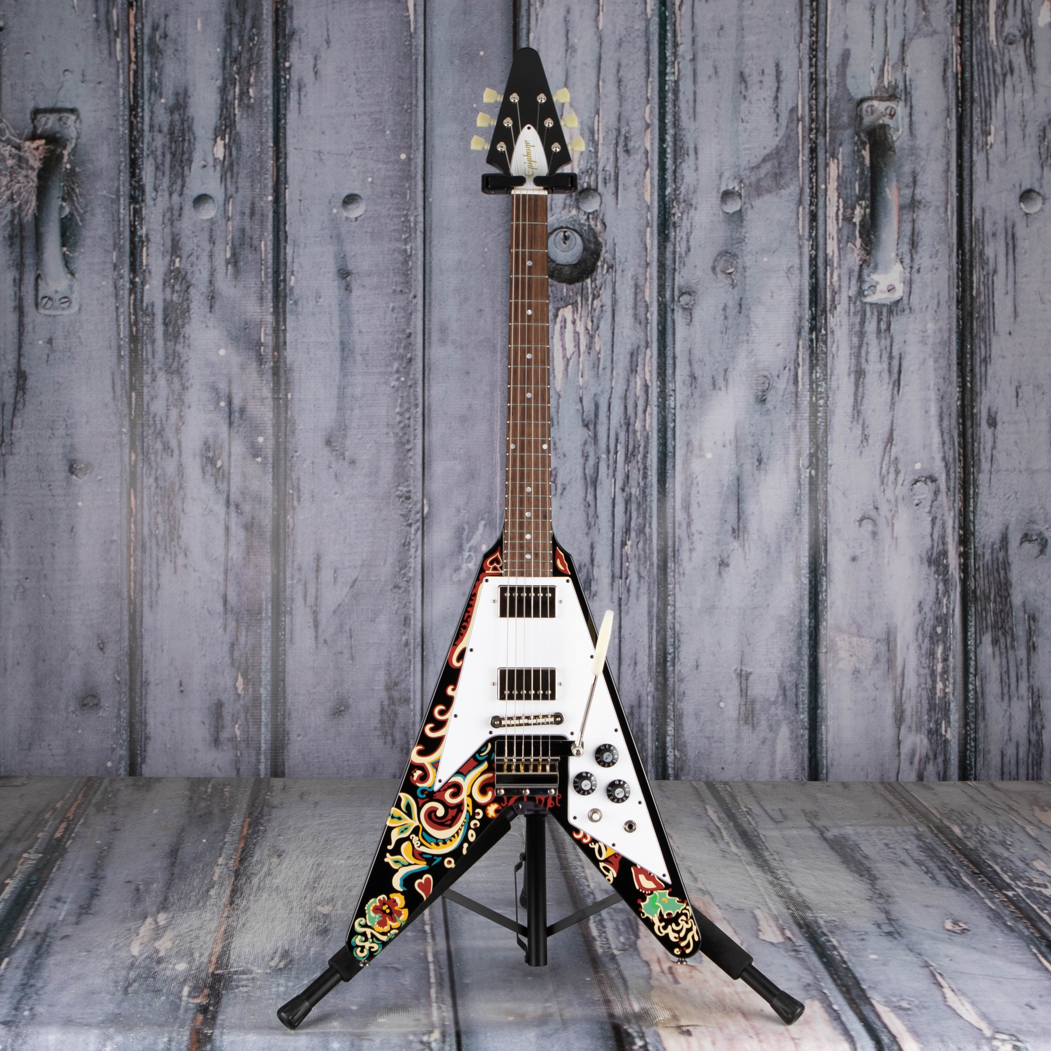 Epiphone Jimi Hendrix "Love Drops" Flying V Electric Guitar, Ebony, front