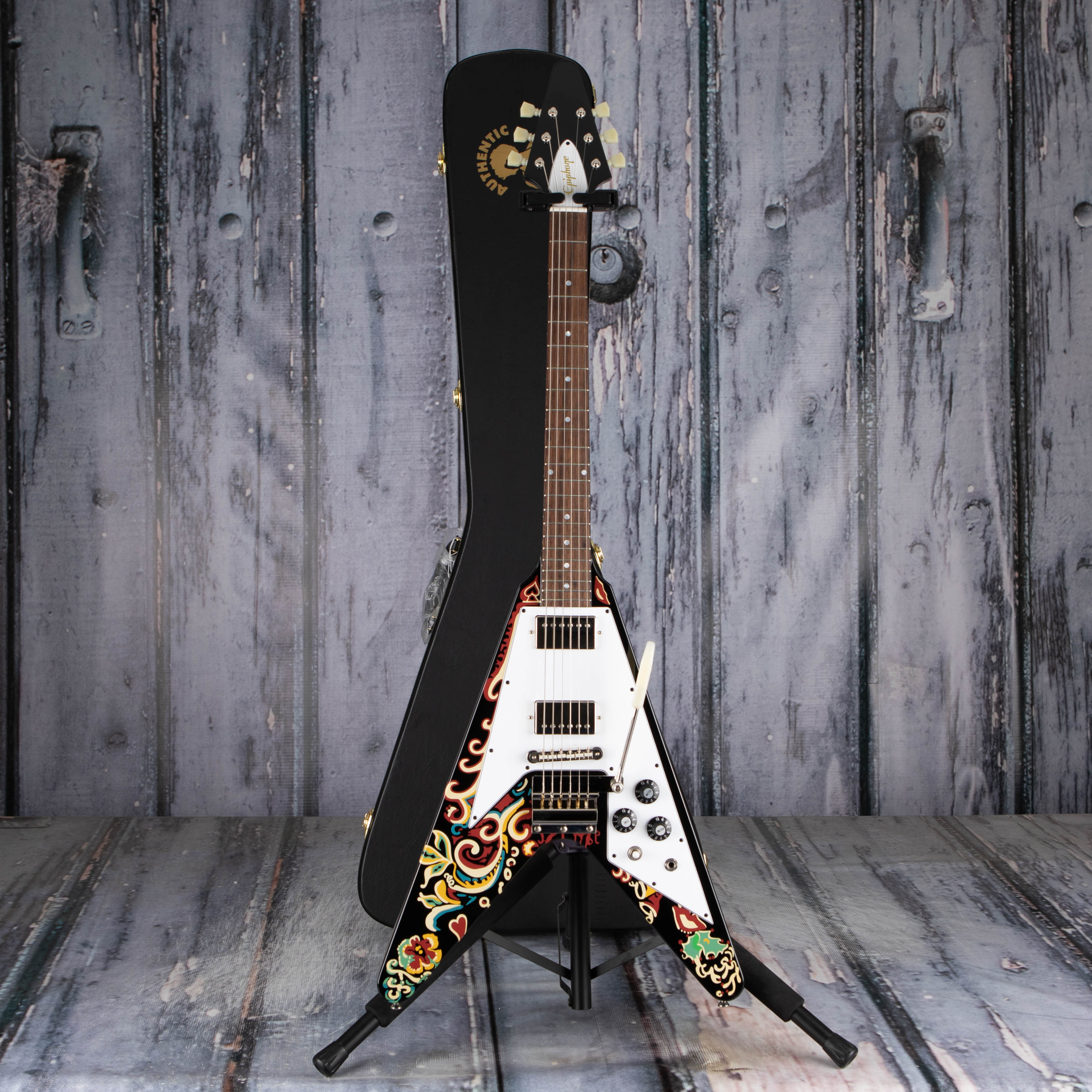 Epiphone Jimi Hendrix "Love Drops" Flying V Electric Guitar, Ebony, case