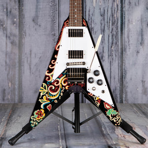 Epiphone Jimi Hendrix "Love Drops" Flying V Electric Guitar, Ebony, front closeup