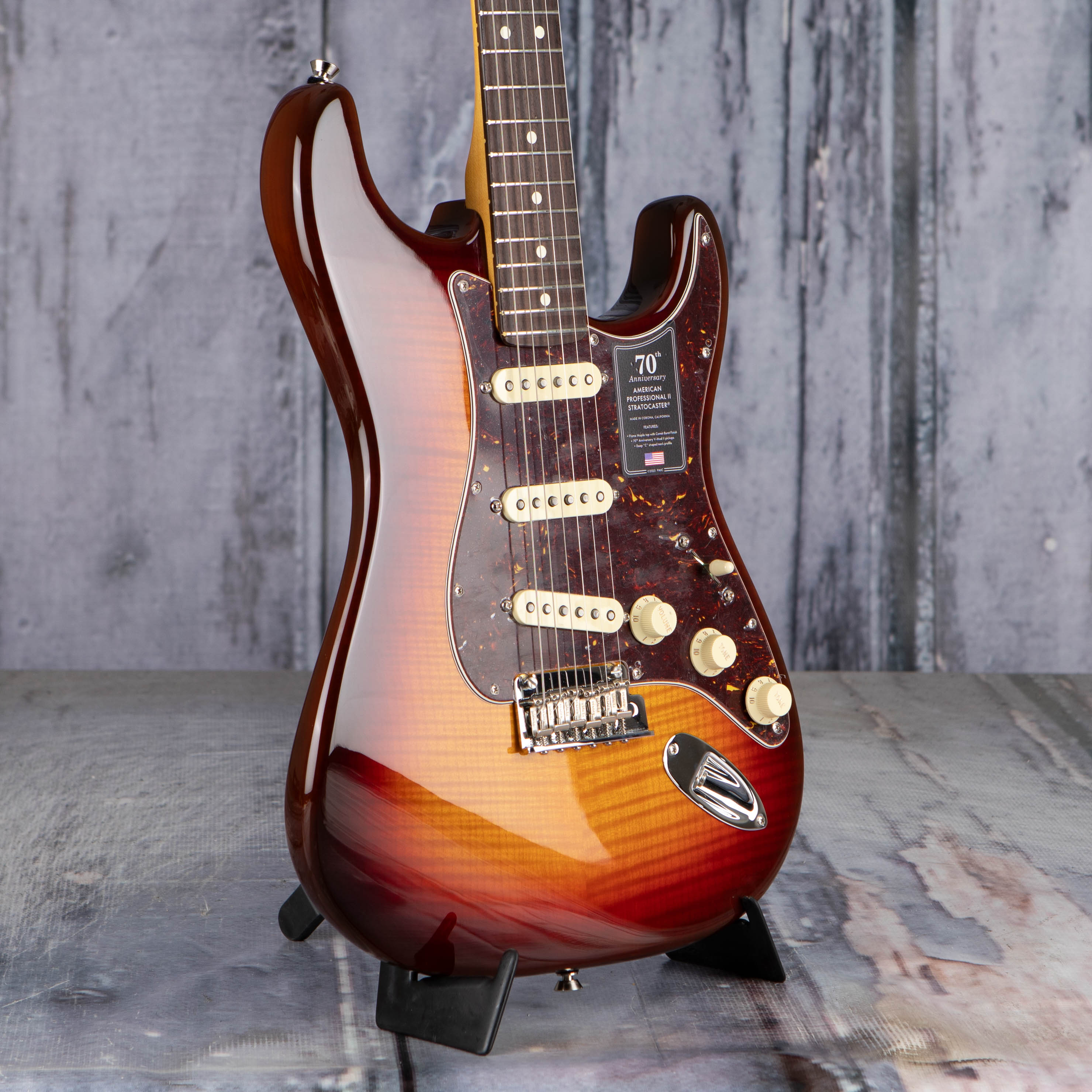 Fender 70th Anniversary American Professional II Stratocaster Electric Guitar, Comet Burst, angle