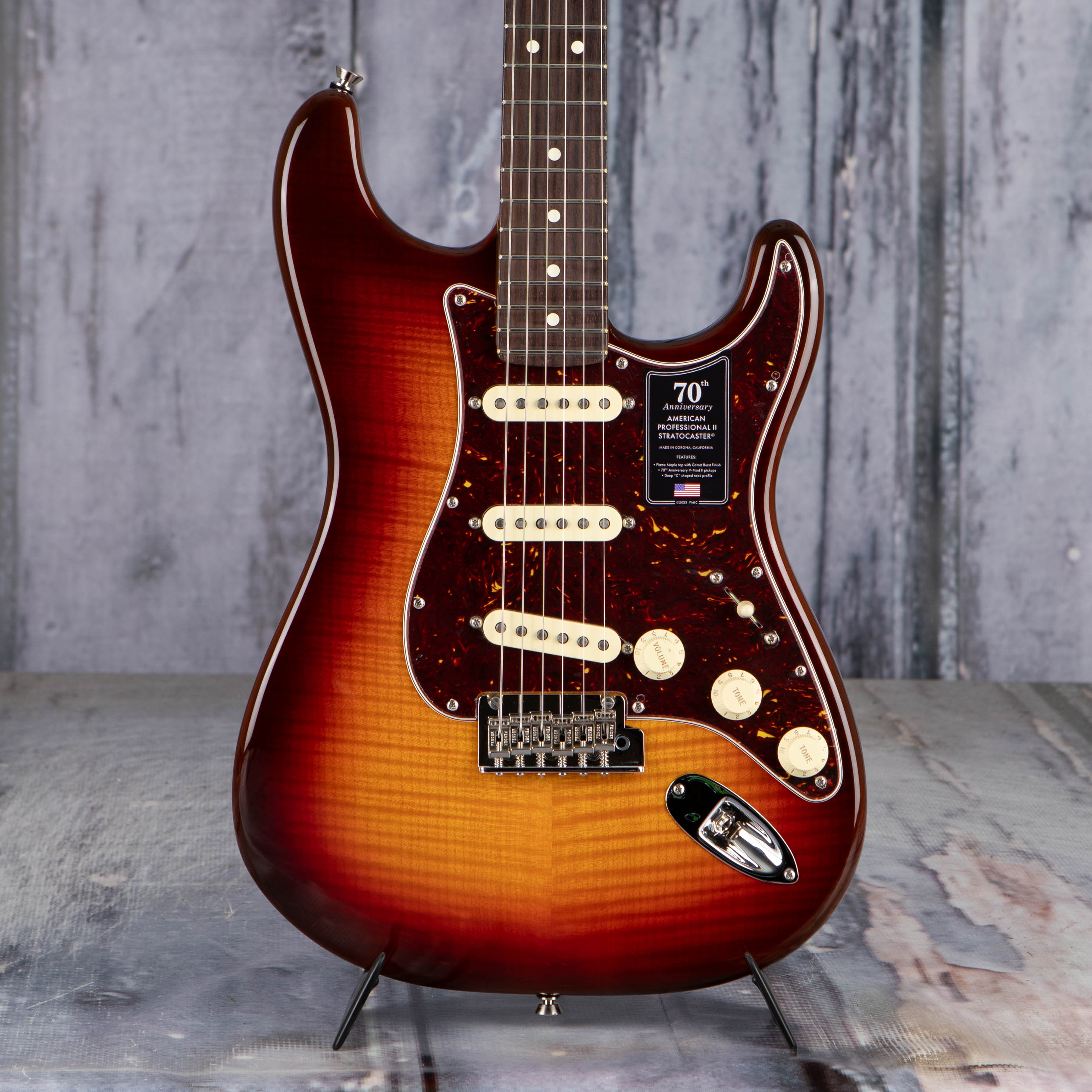 Fender 70th Anniversary American Professional II Stratocaster Electric Guitar, Comet Burst, front closeup