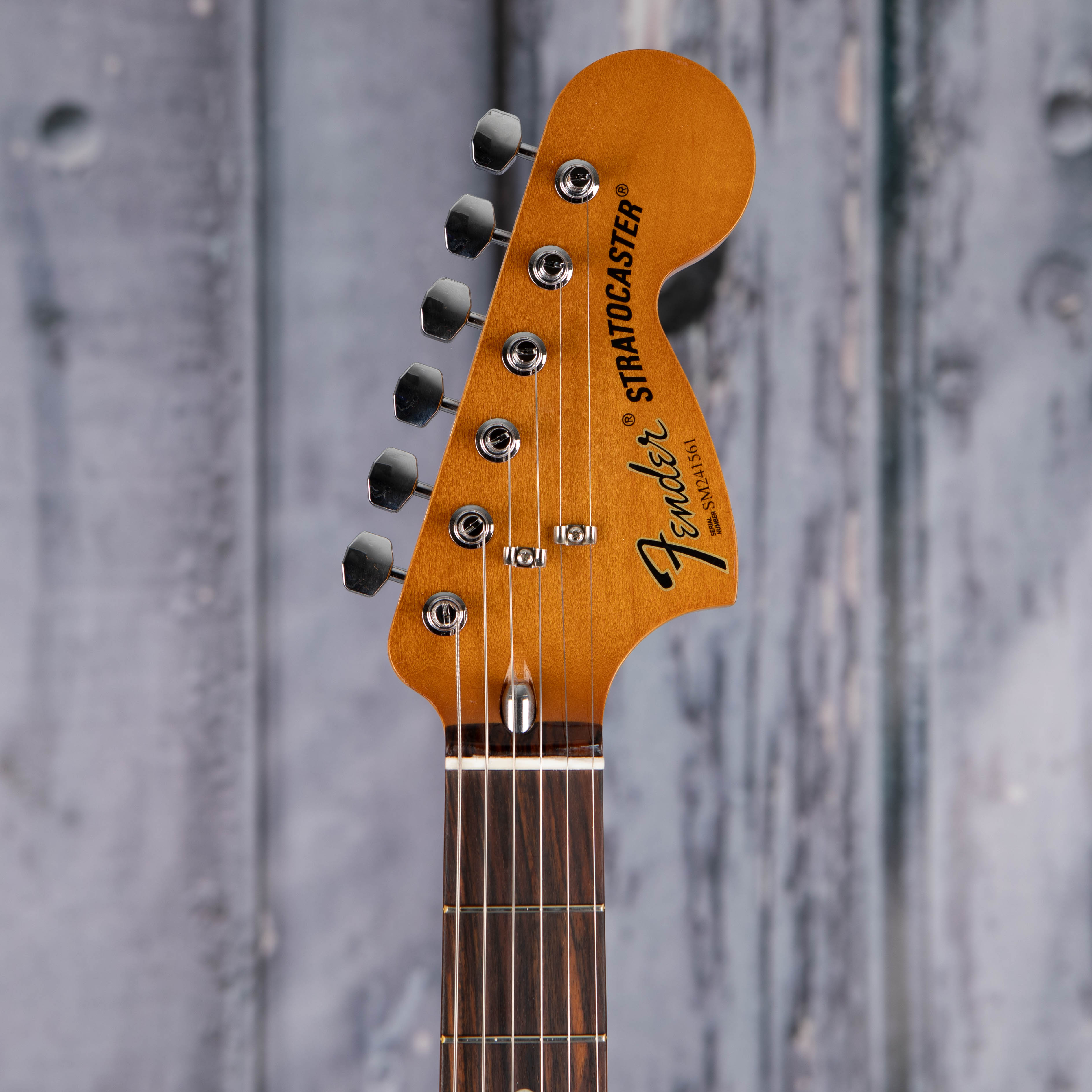 Fender 70th Anniversary Vintera II Antigua Stratocaster Electric Guitar, Antigua, front headstock