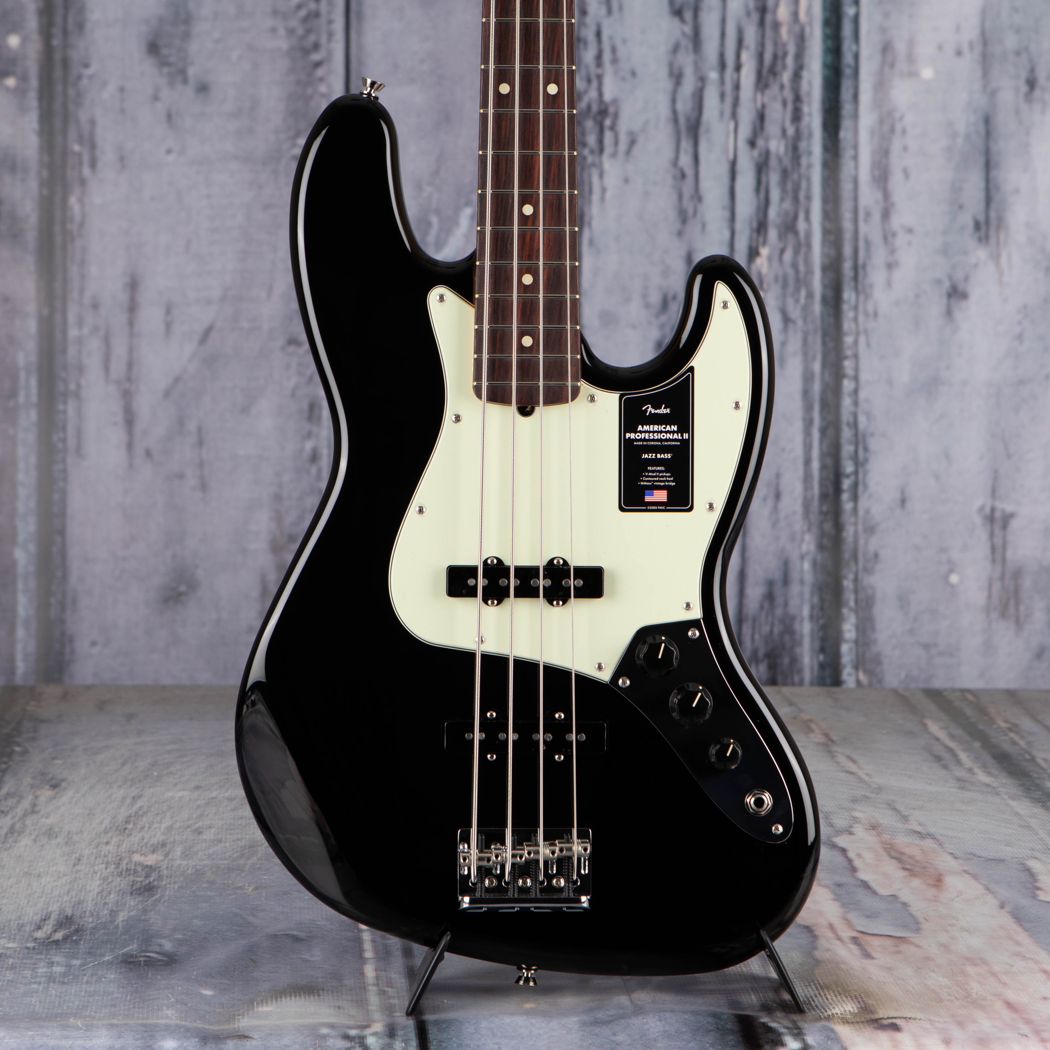 Fender American Professional II Jazz Bass Guitar, Black, front closeup