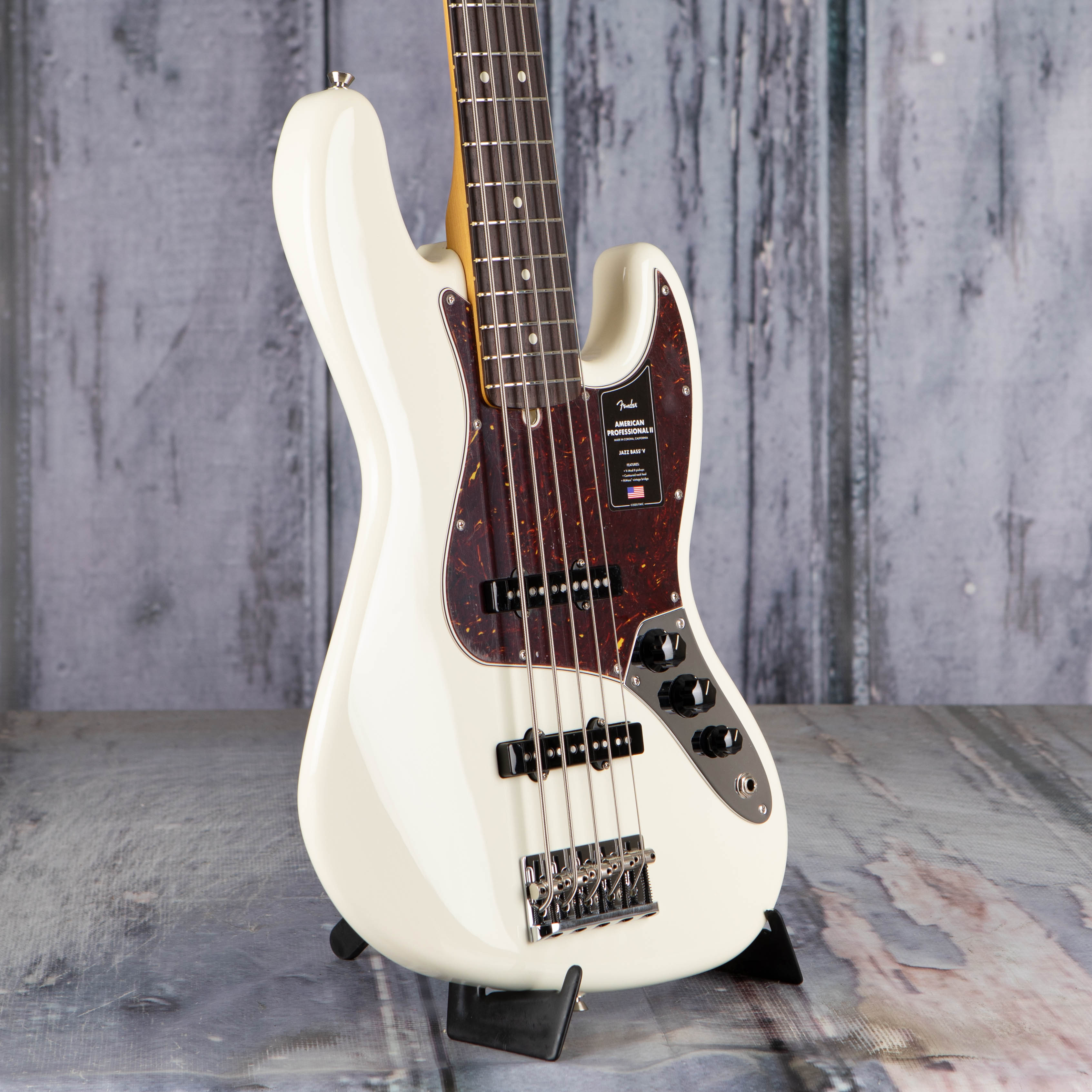 Fender American Professional II Jazz Bass V 5-String Guitar, Olympic White, angle