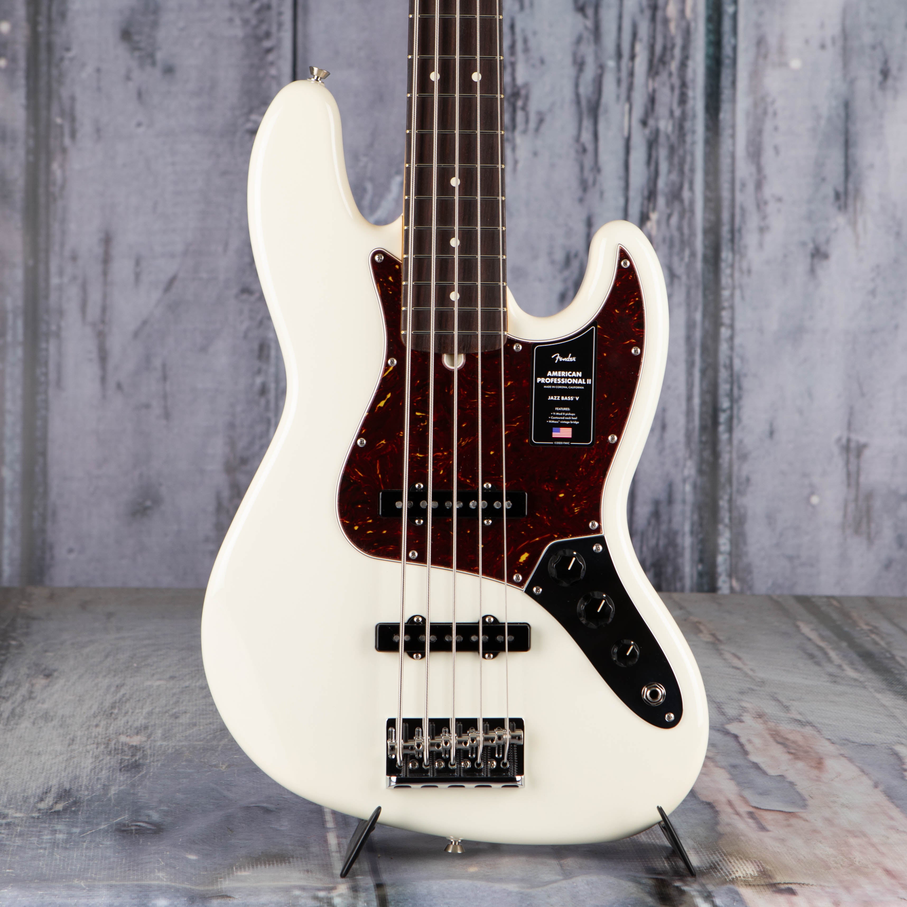 Fender American Professional II Jazz Bass V 5-String Guitar, Olympic White, front closeup