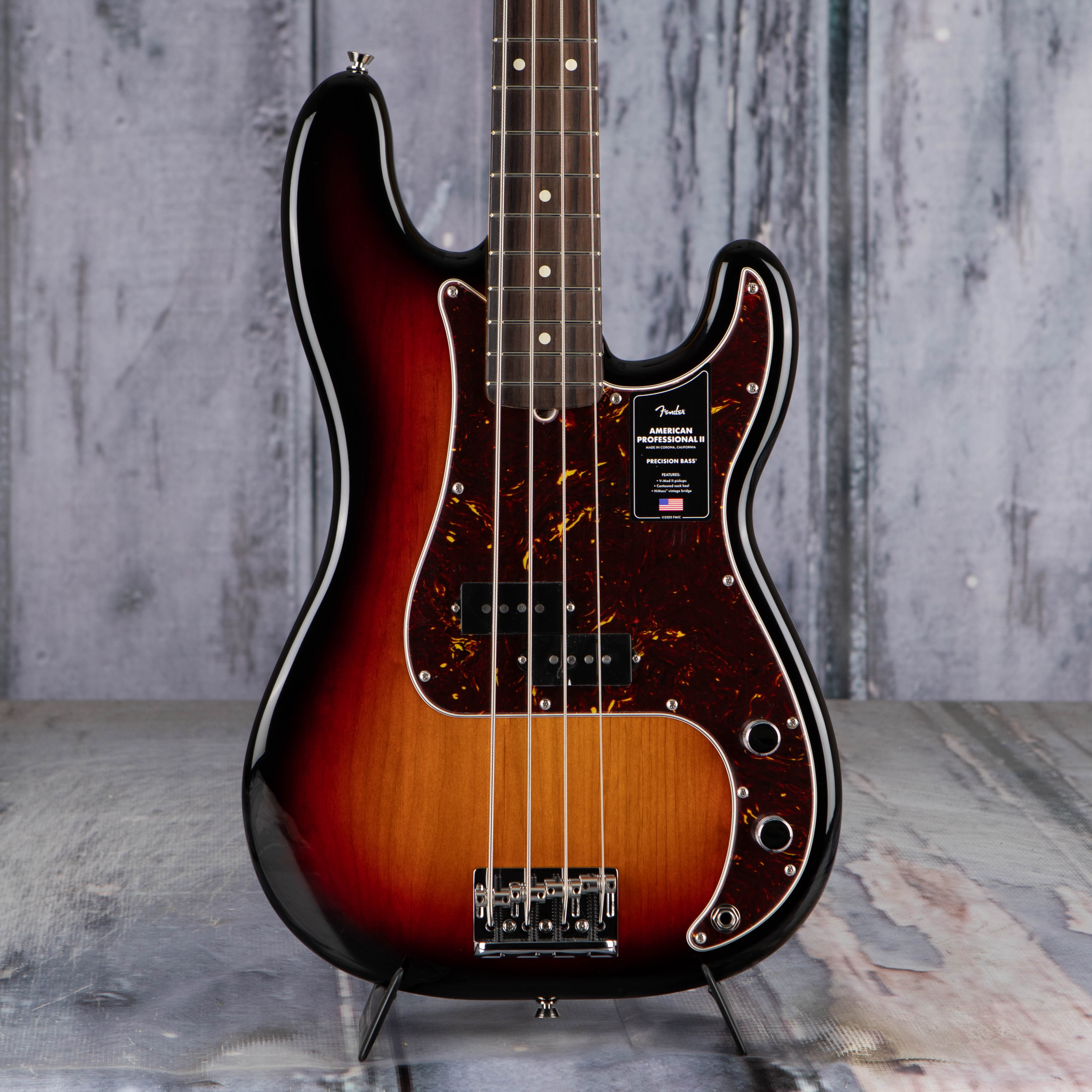 Fender American Professional II Precision Bass Guitar, 3-Color Sunburst, front closeup