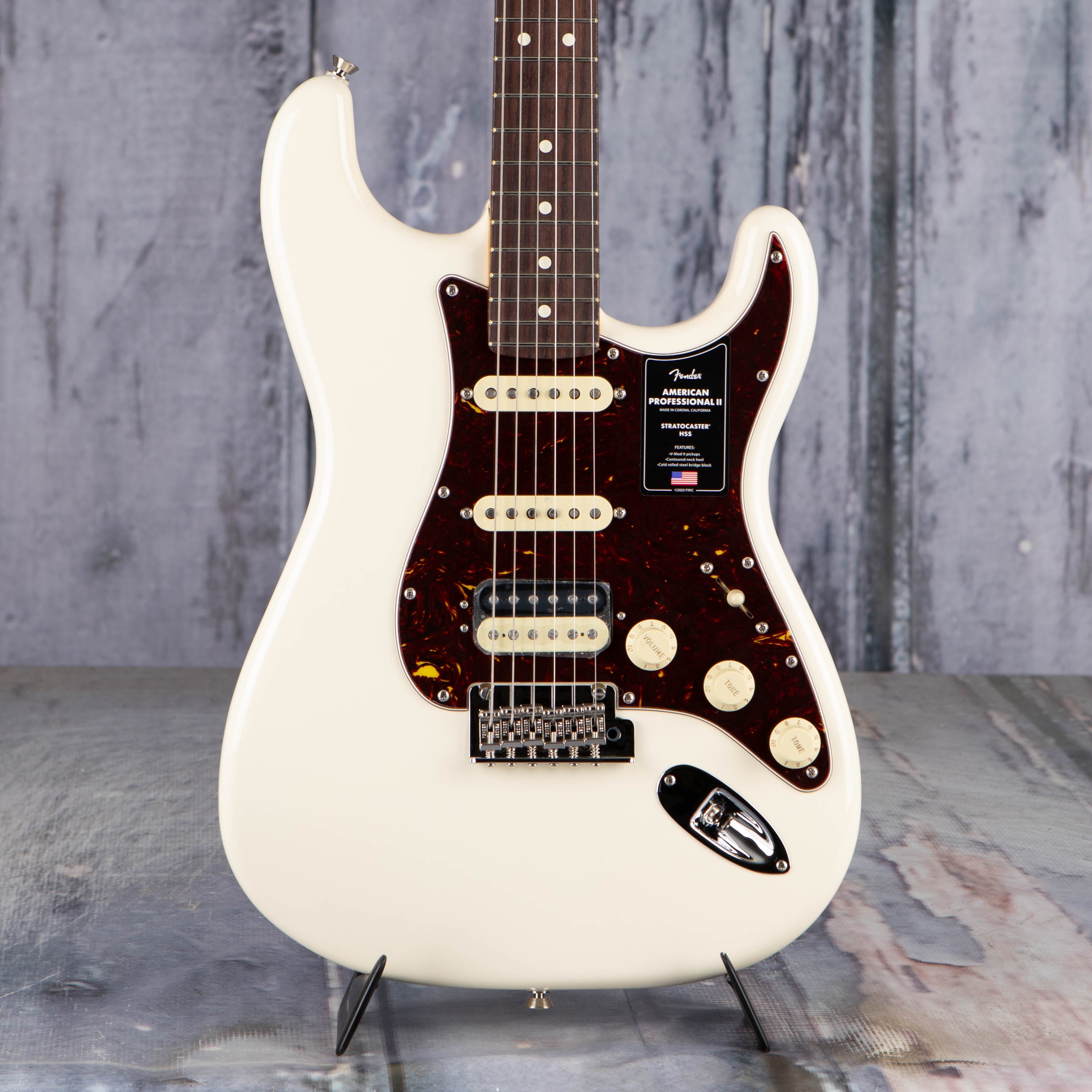 Fender American Professional II Stratocaster Electric Guitar, HSS, Olympic White, front closeup