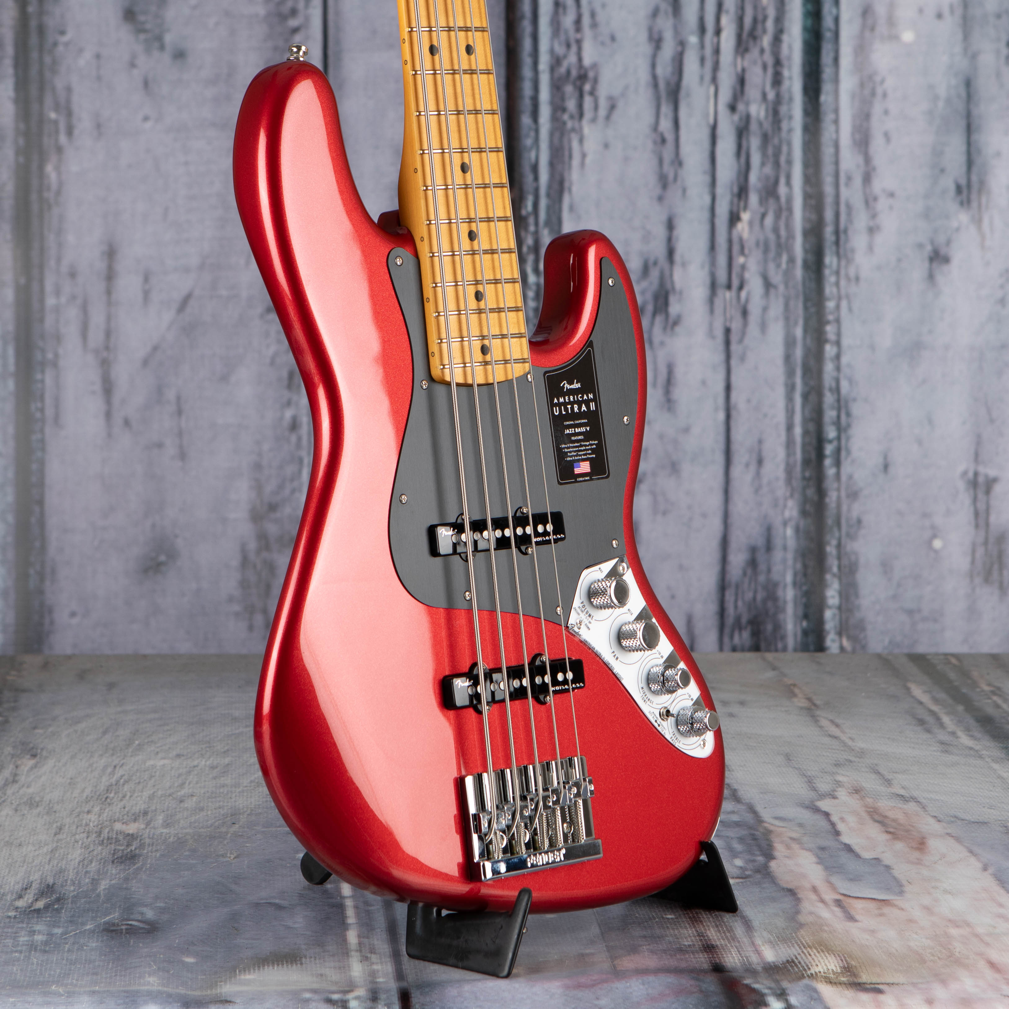 Fender American Ultra II Jazz Bass V 5-String Guitar, Sinister Red, angle