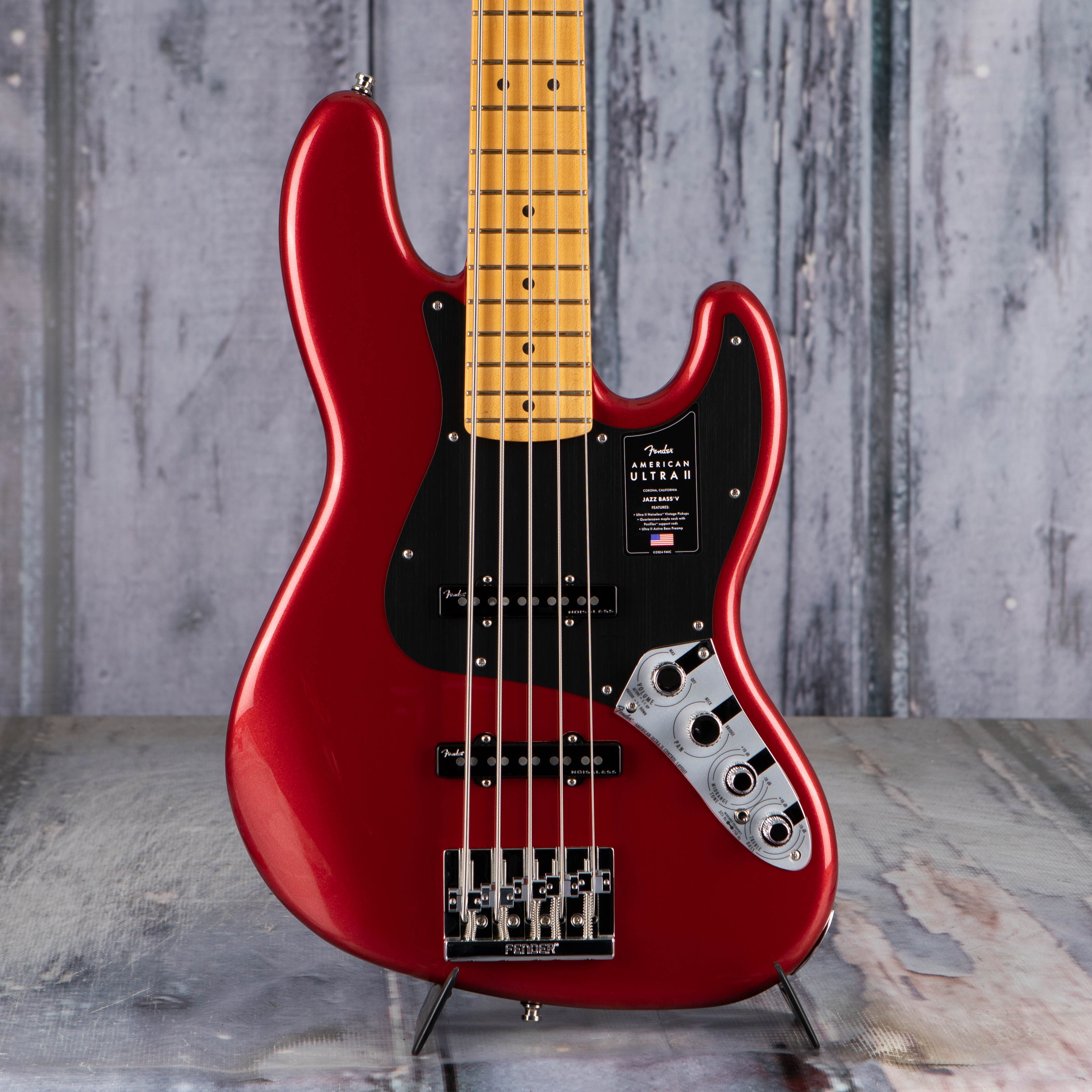 Fender American Ultra II Jazz Bass V 5-String Guitar, Sinister Red, front closeup