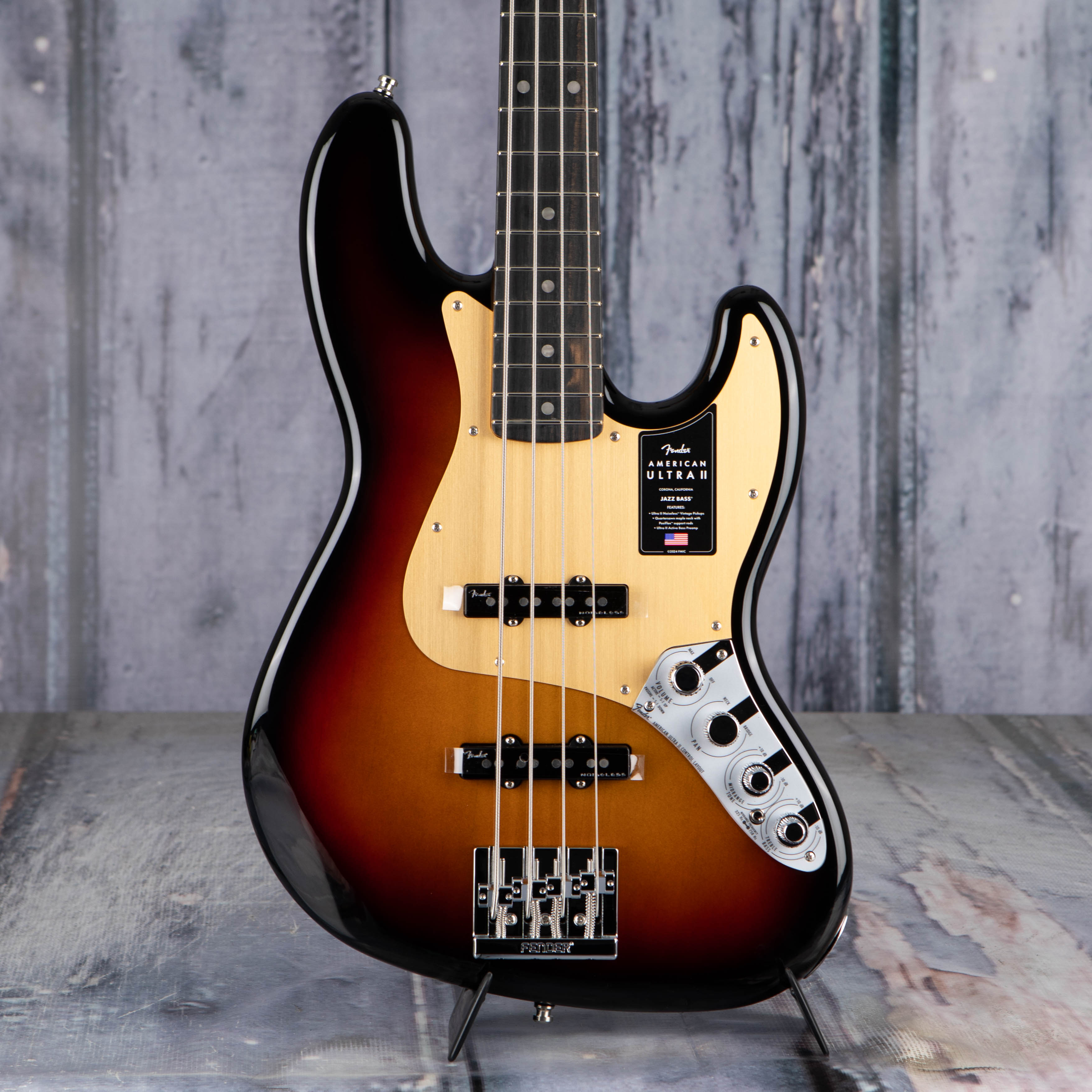 Fender American Ultra II Jazz Bass Guitar, Ultraburst, front closeup