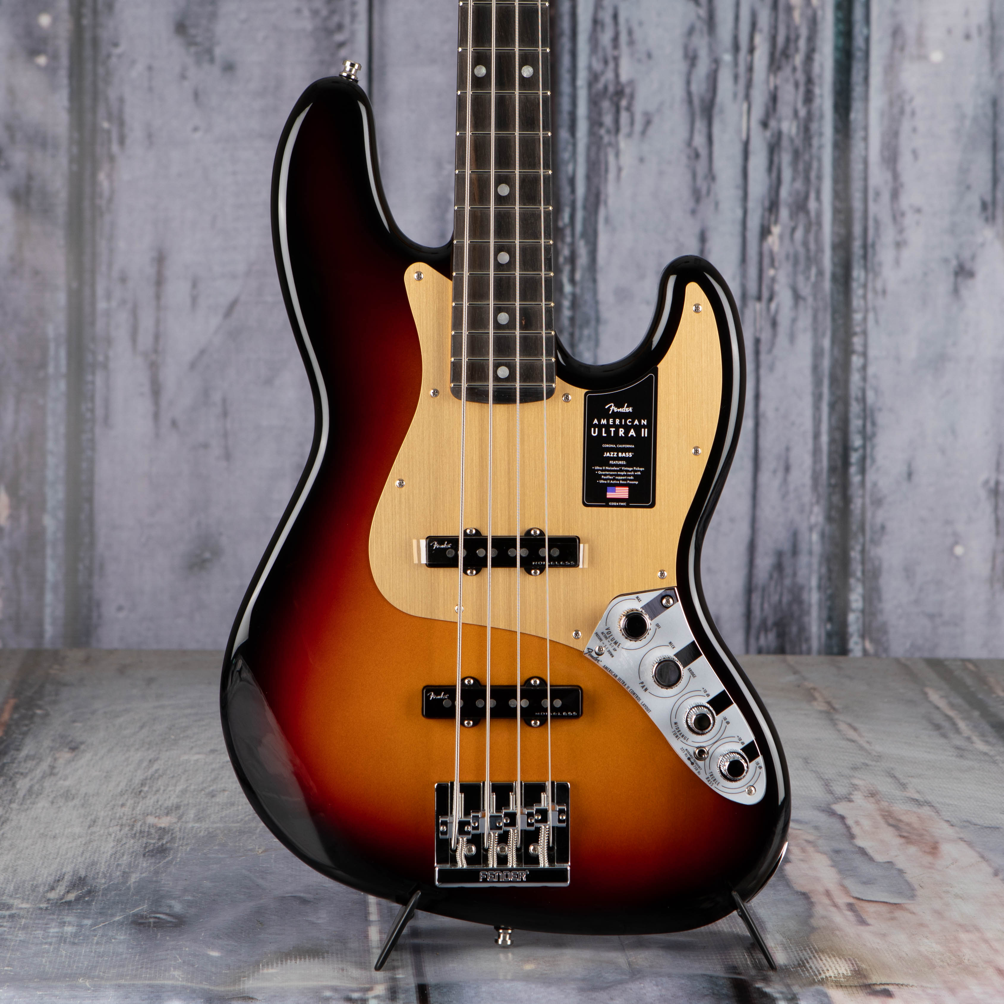 Fender American Ultra II Jazz Bass Guitar, Ultraburst, front closeup