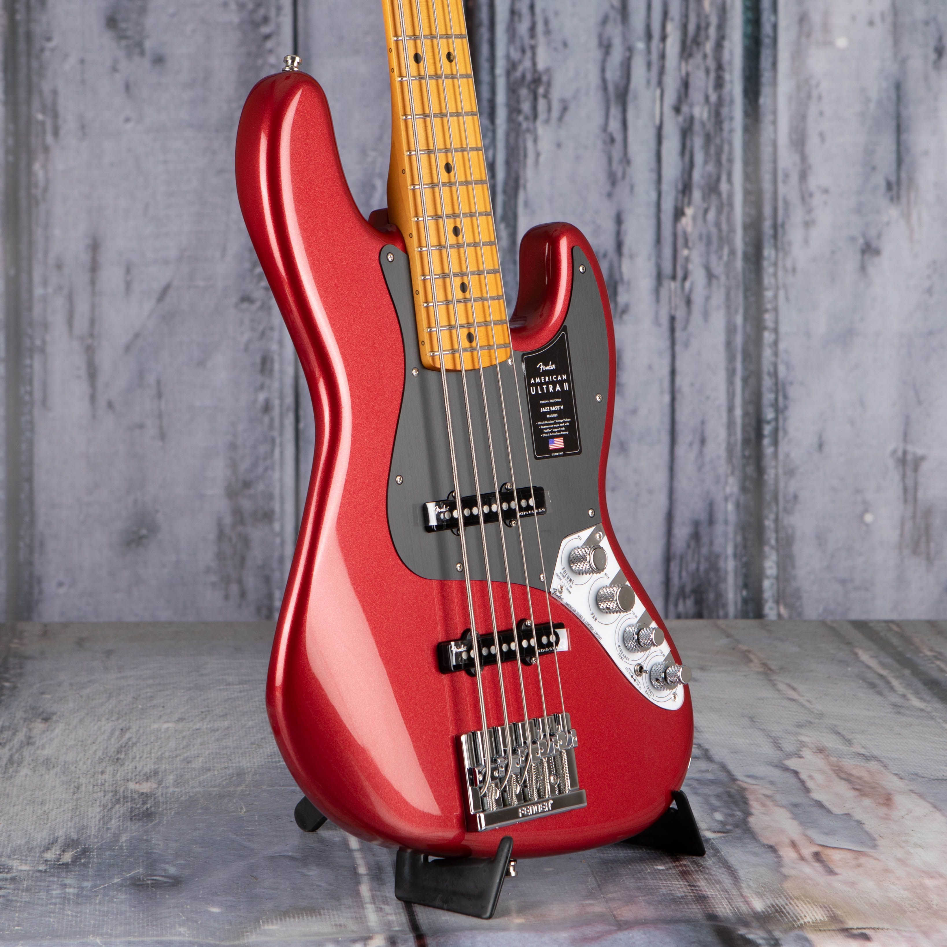 Fender American Ultra II Jazz Bass V 5-String Guitar, Sinister Red, angle