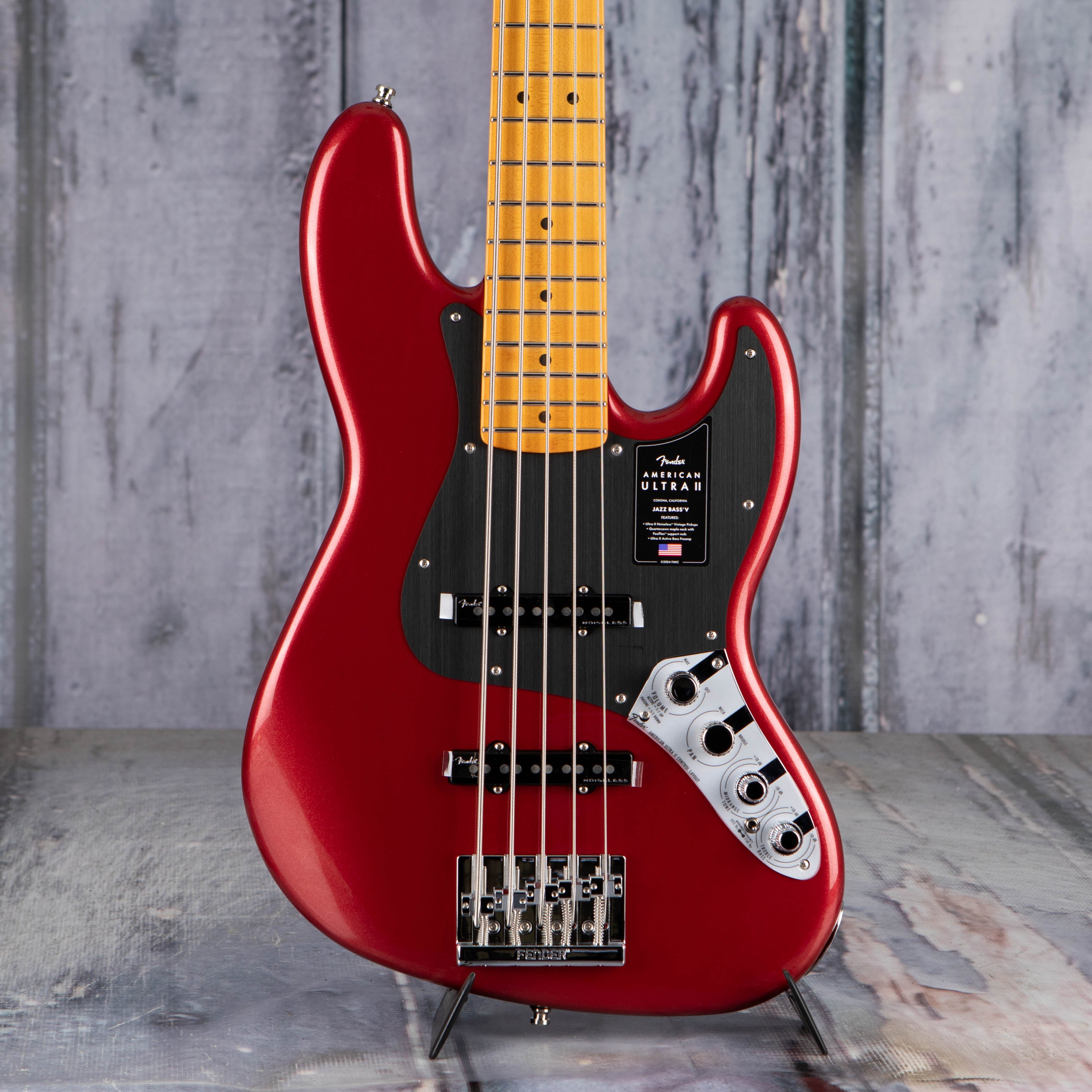 Fender American Ultra II Jazz Bass V 5-String Guitar, Sinister Red, front closeup