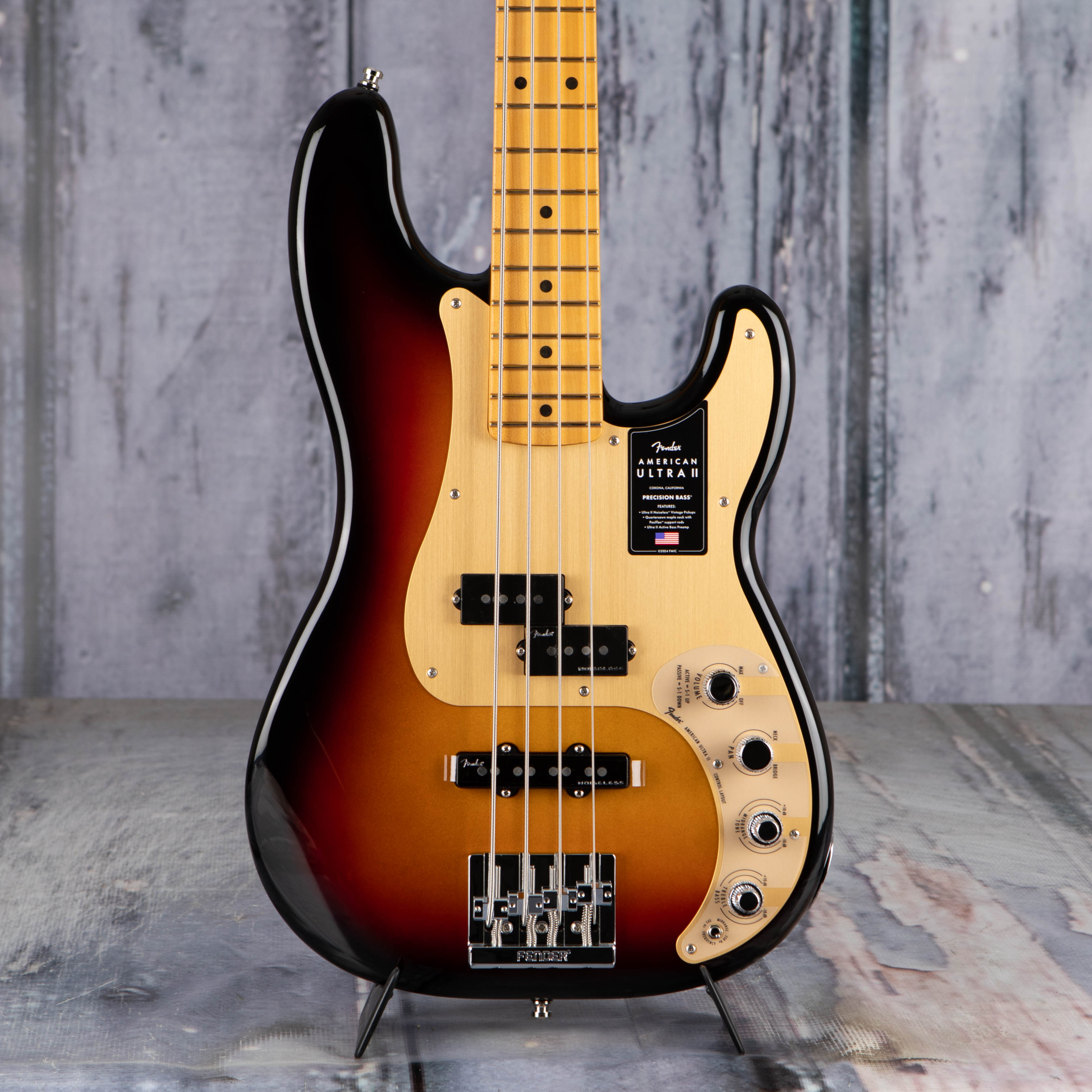 Fender American Ultra II Precision Bass Guitar, Ultraburst, front closeup