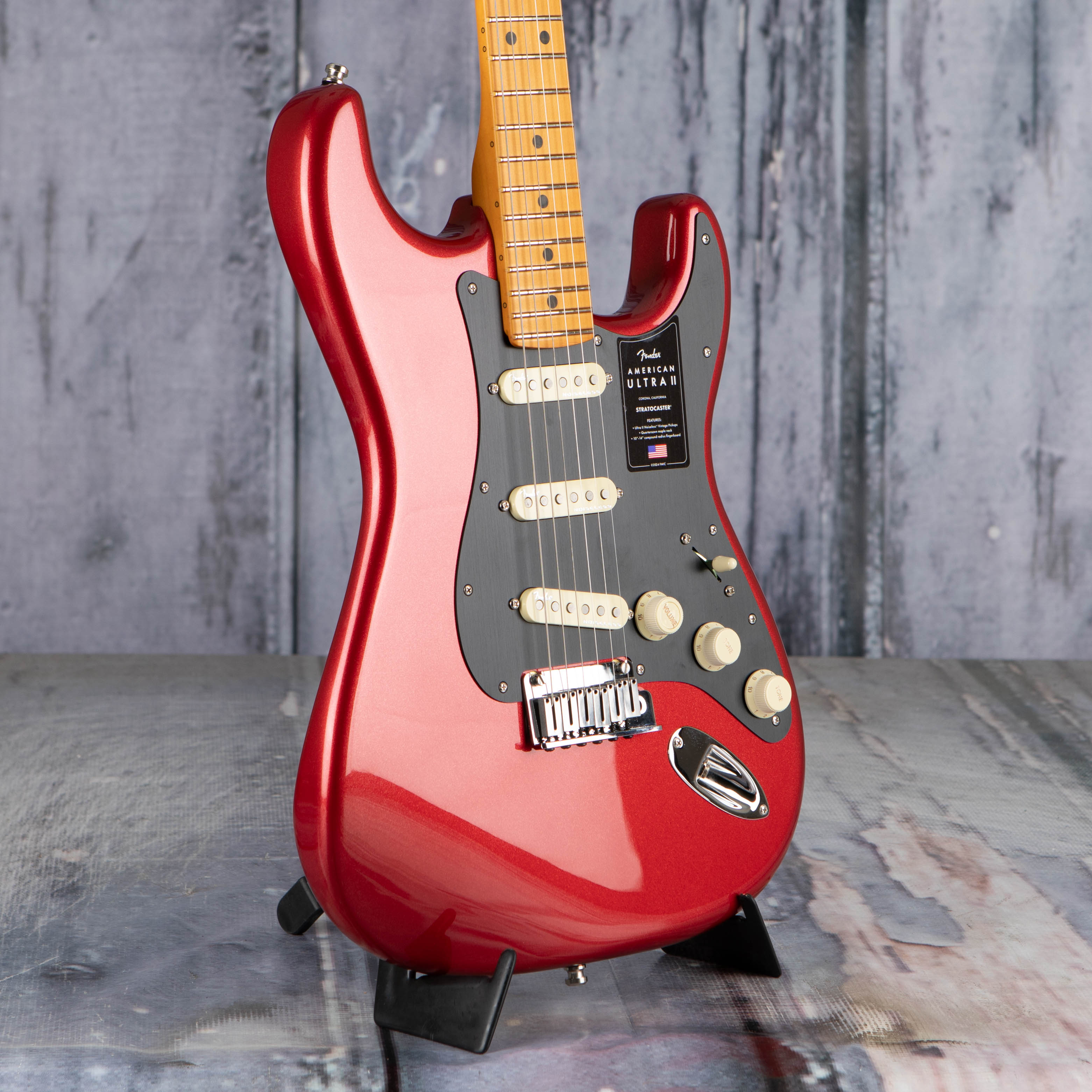 Fender American Ultra II Stratocaster Electric Guitar, Sinister Red, angle