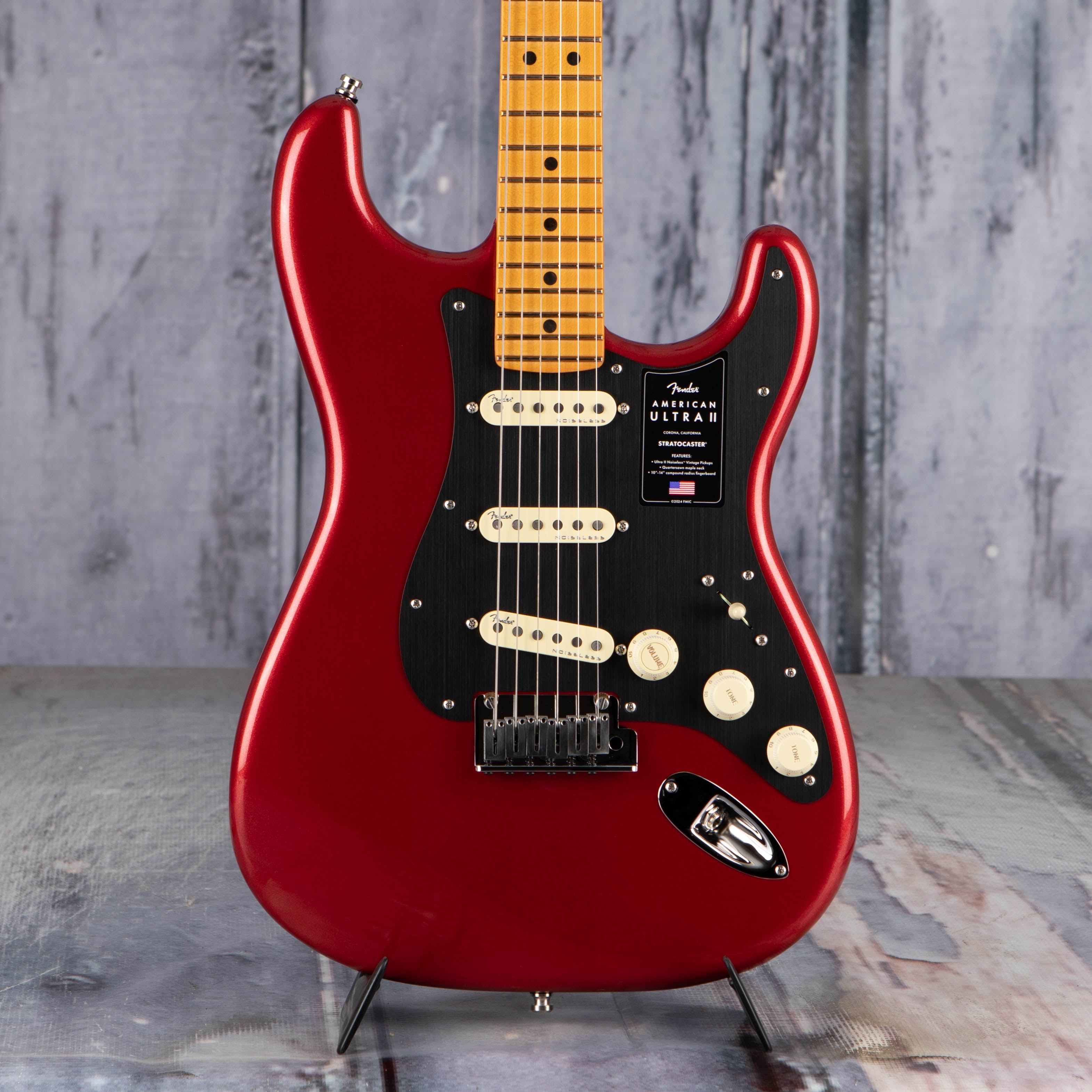 Fender American Ultra II Stratocaster Electric Guitar, Sinister Red, front closeup