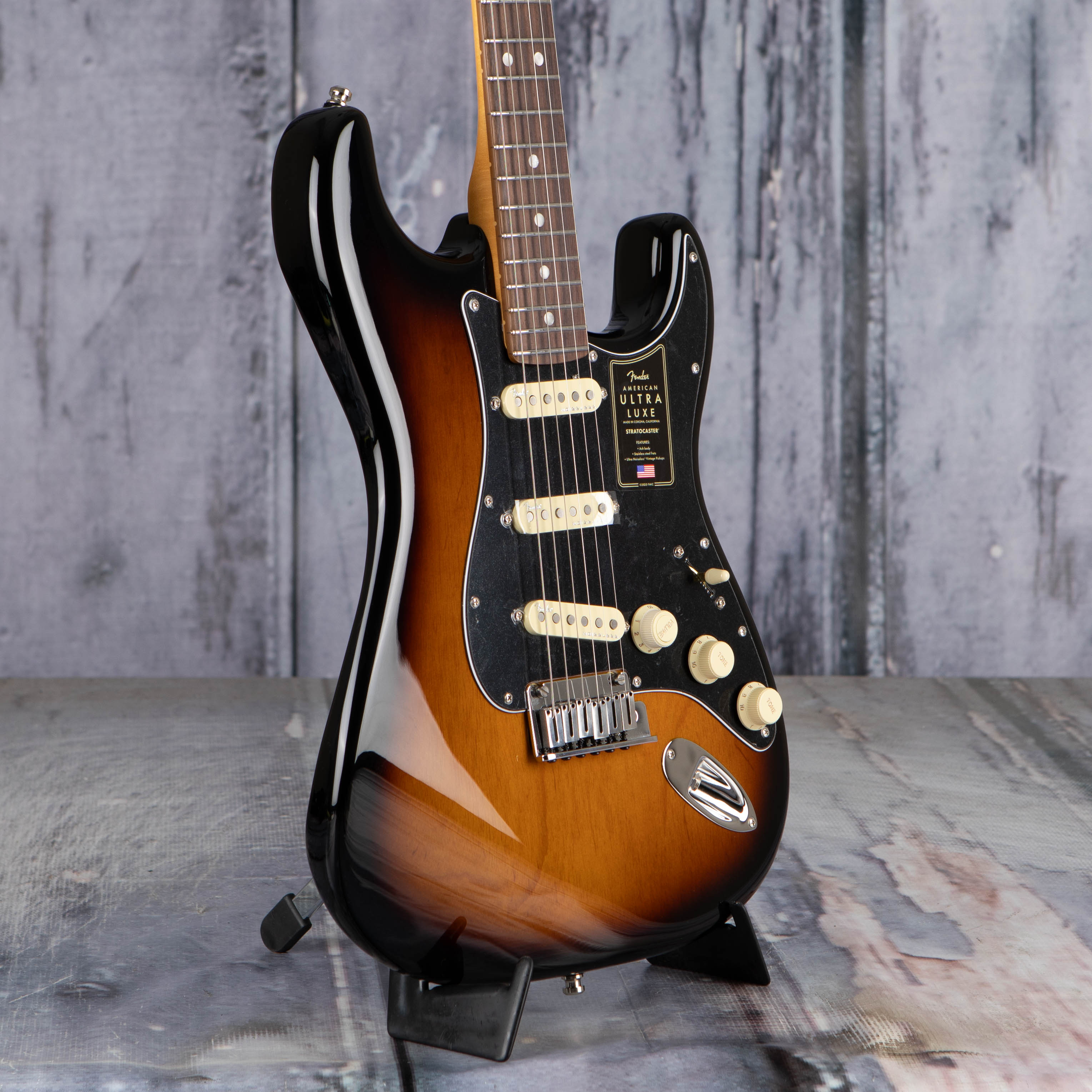 Fender American Ultra Luxe Stratocaster Electric Guitar, Rosewood Fingerboard, 2-Color Sunburst, angle