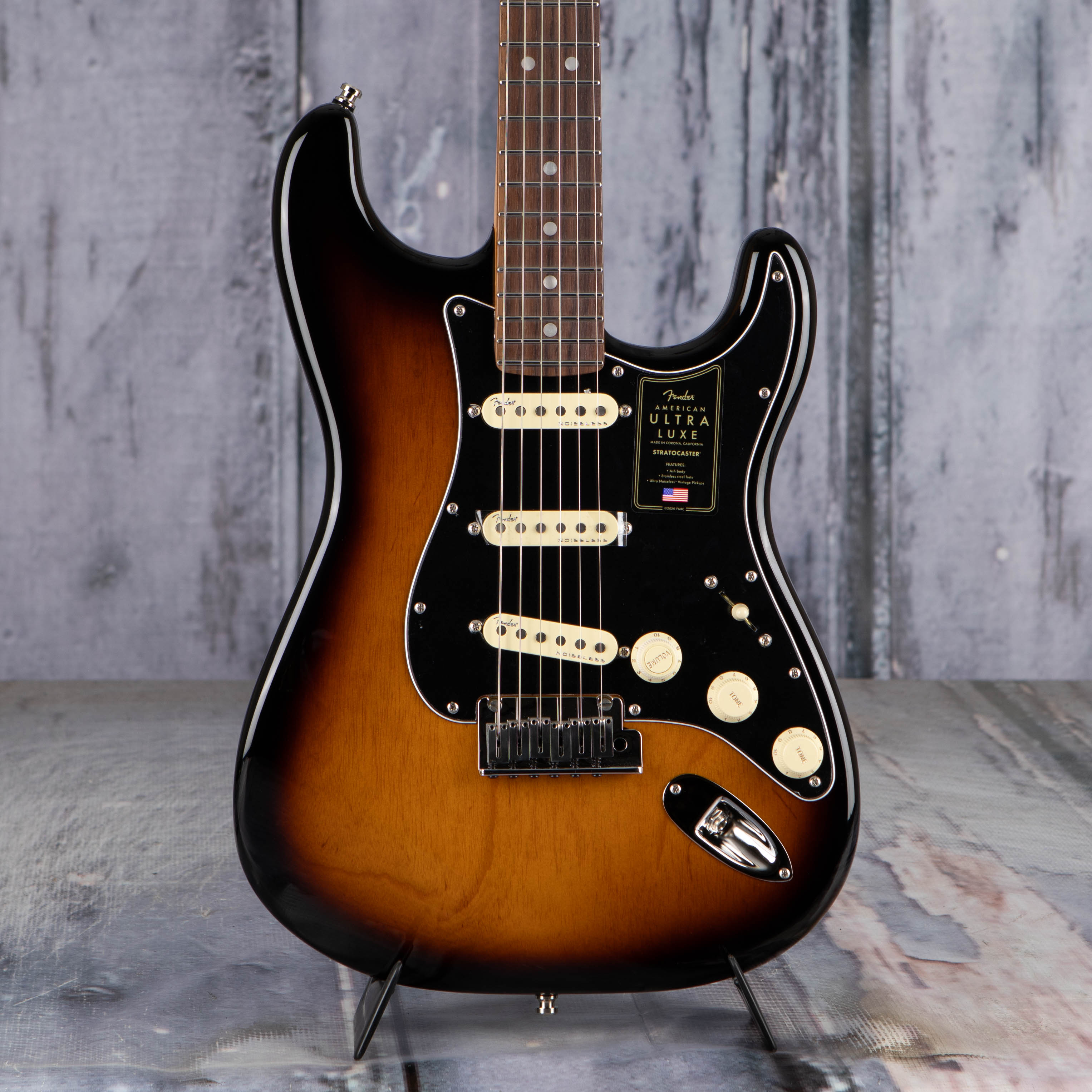 Fender American Ultra Luxe Stratocaster Electric Guitar, Rosewood Fingerboard, 2-Color Sunburst, front closeup