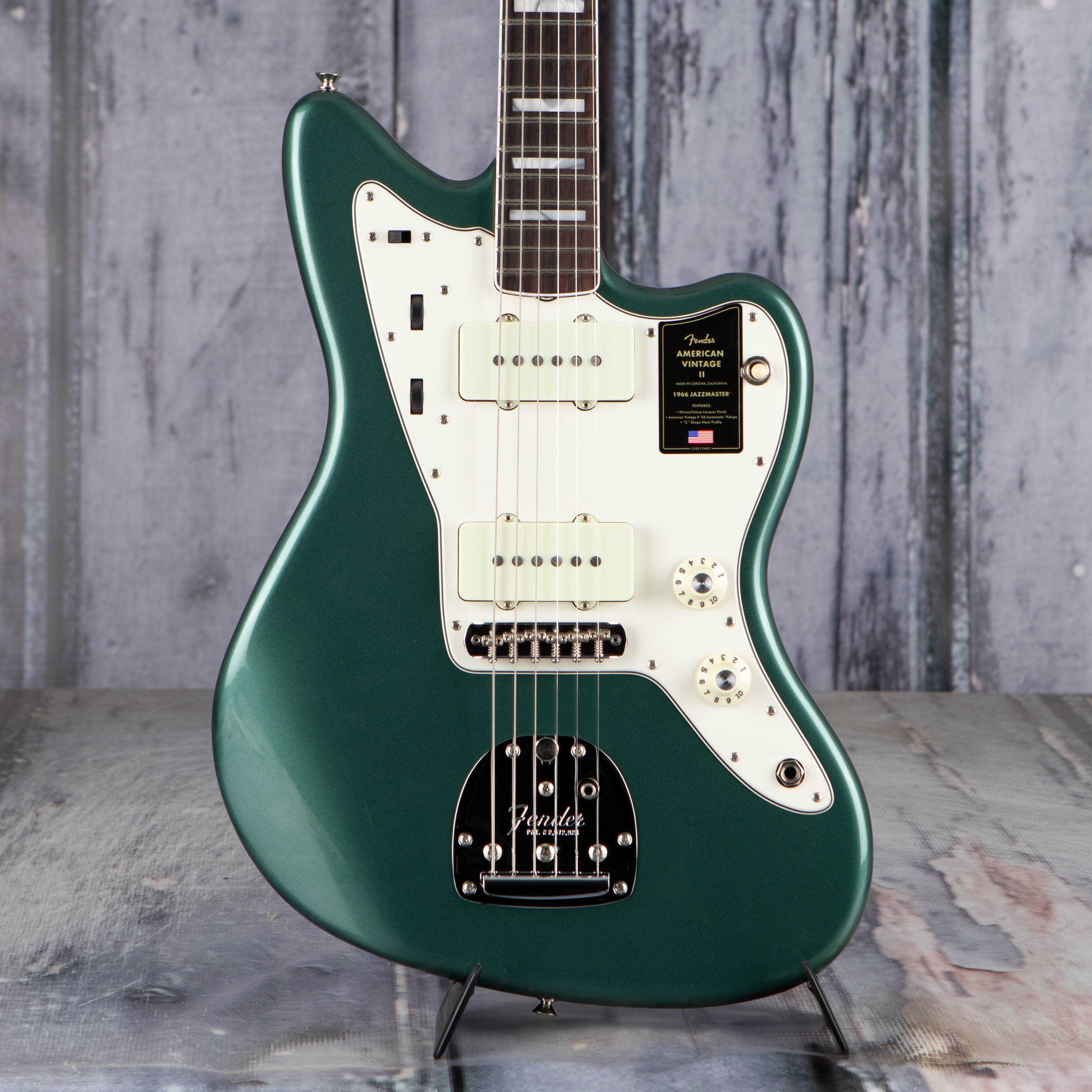 Fender American Vintage II 1966 Jazzmaster Electric Guitar, Sherwood Green Metallic, front closeup