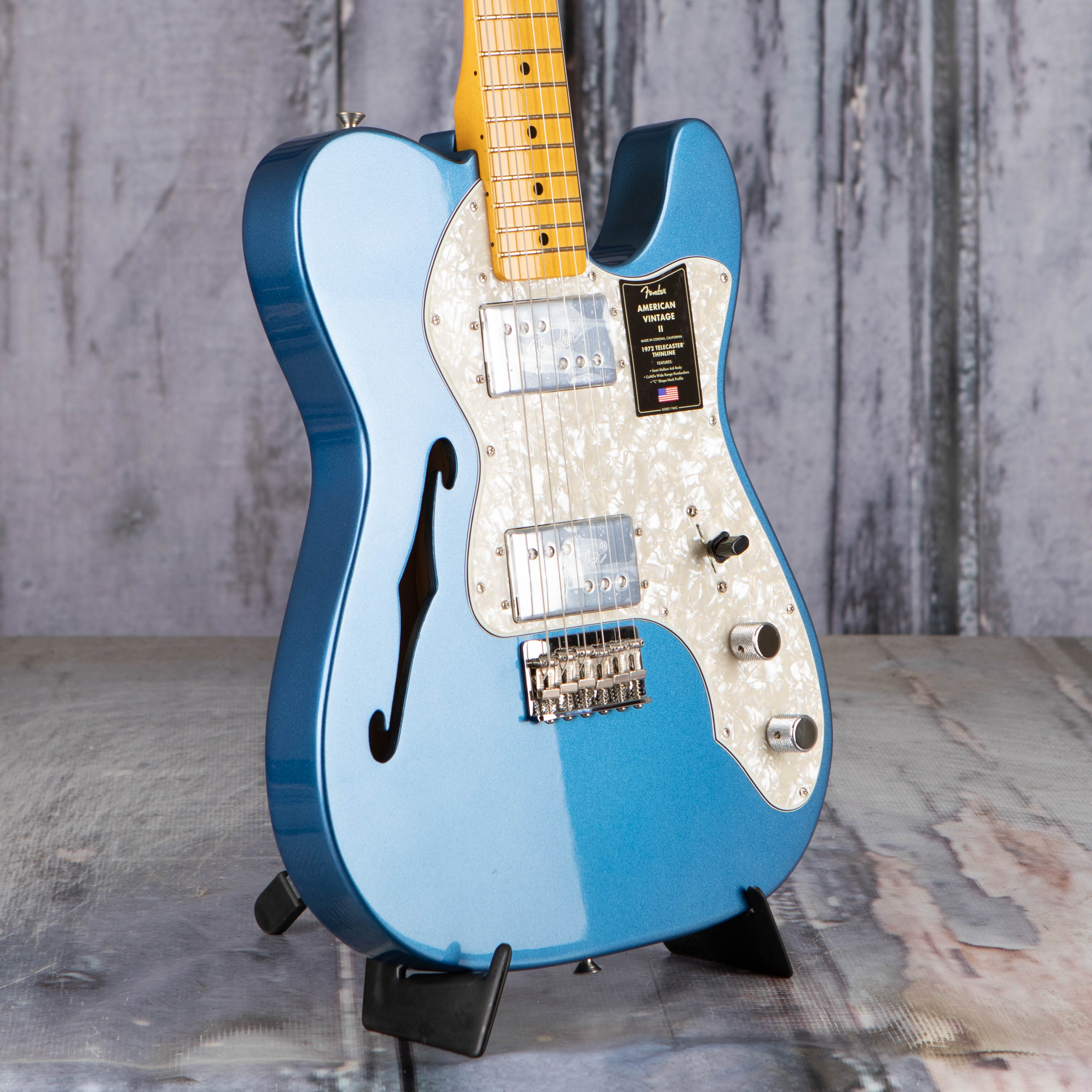 Fender American Vintage II 1972 Telecaster Thinline Semi-Hollowbody Guitar, Lake Placid Blue, angle