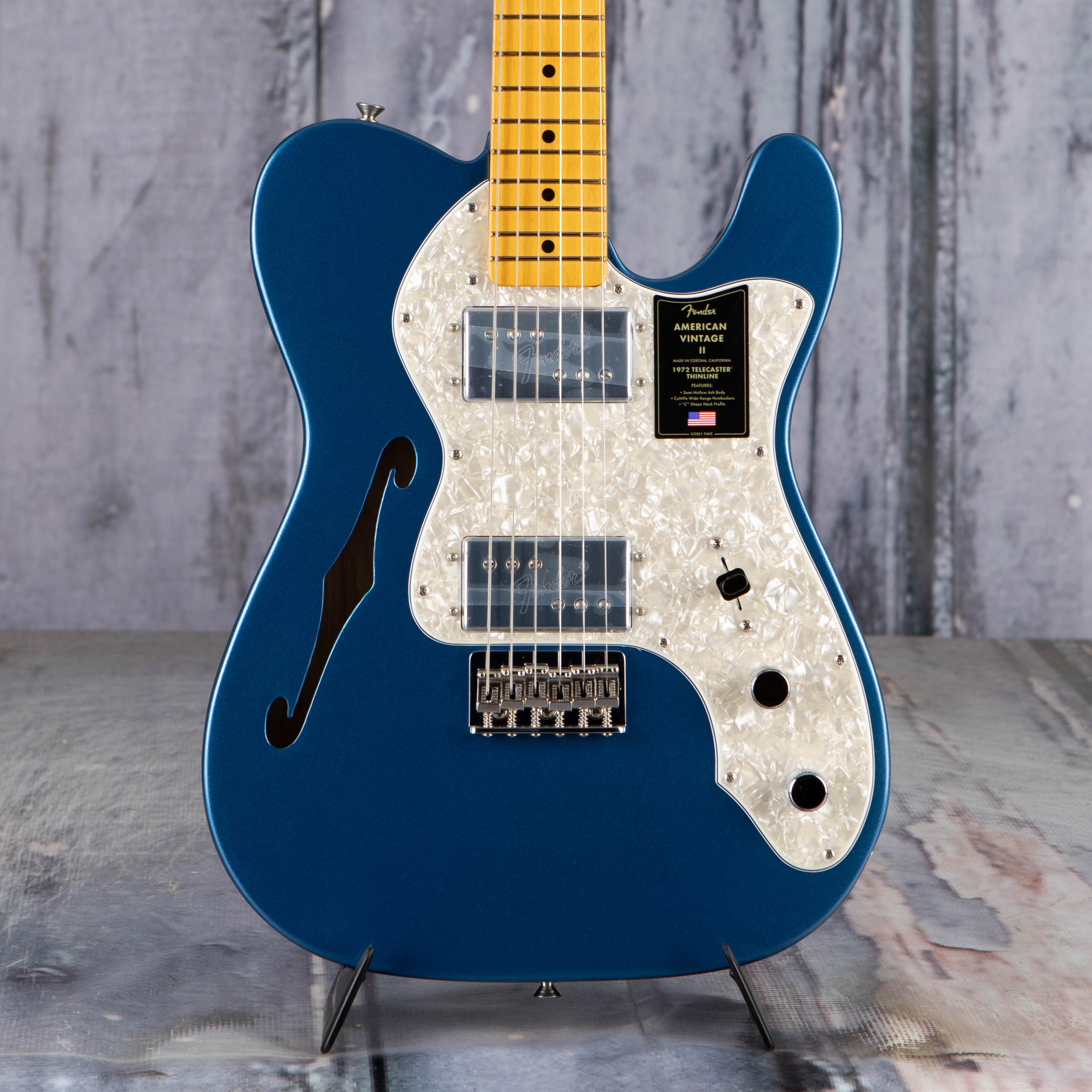 Fender American Vintage II 1972 Telecaster Thinline Semi-Hollowbody Guitar, Lake Placid Blue, front closeup