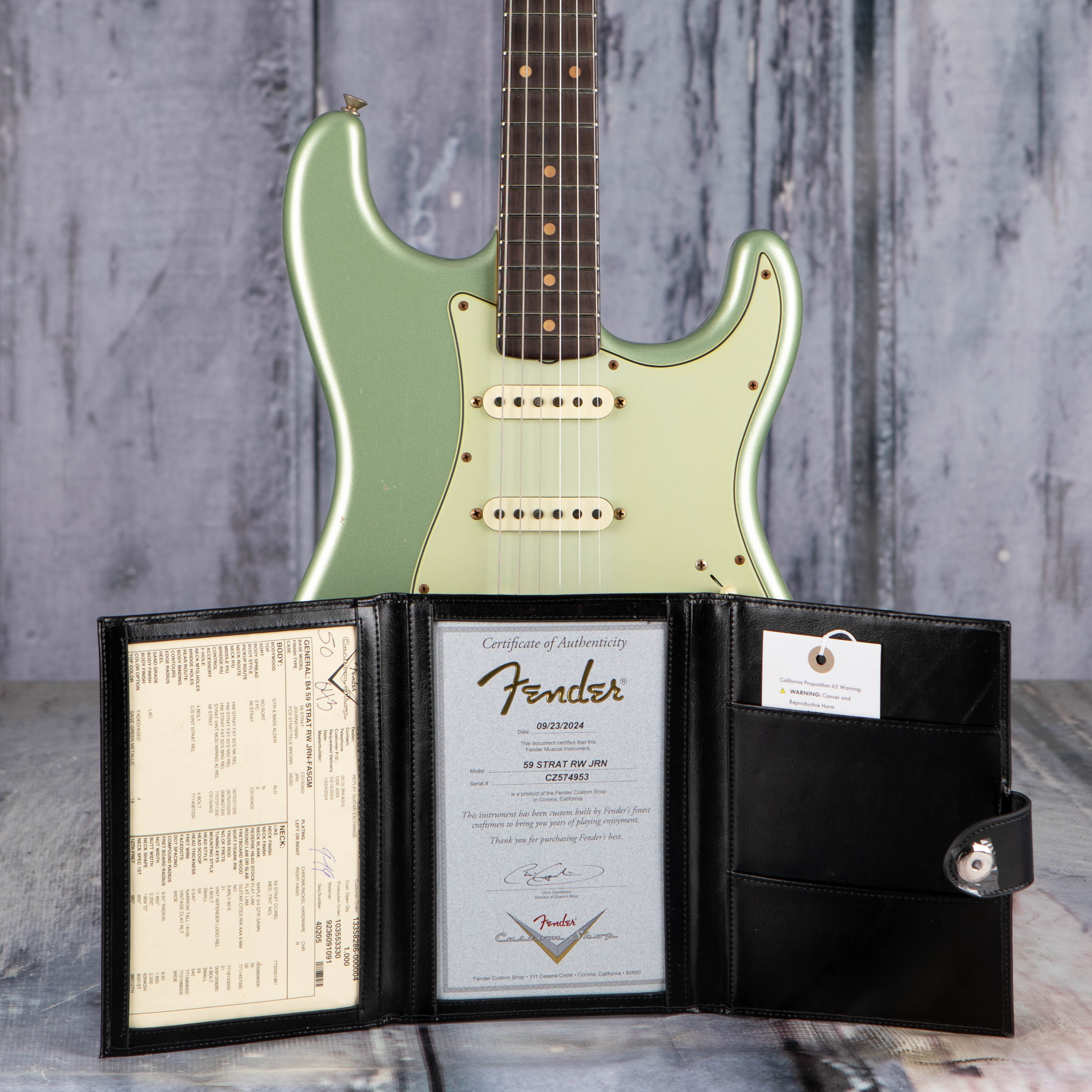 Fender Custom Shop 1959 Stratocaster Journeyman Relic Electric Guitar, Faded Aged Sage Green Metallic, coa