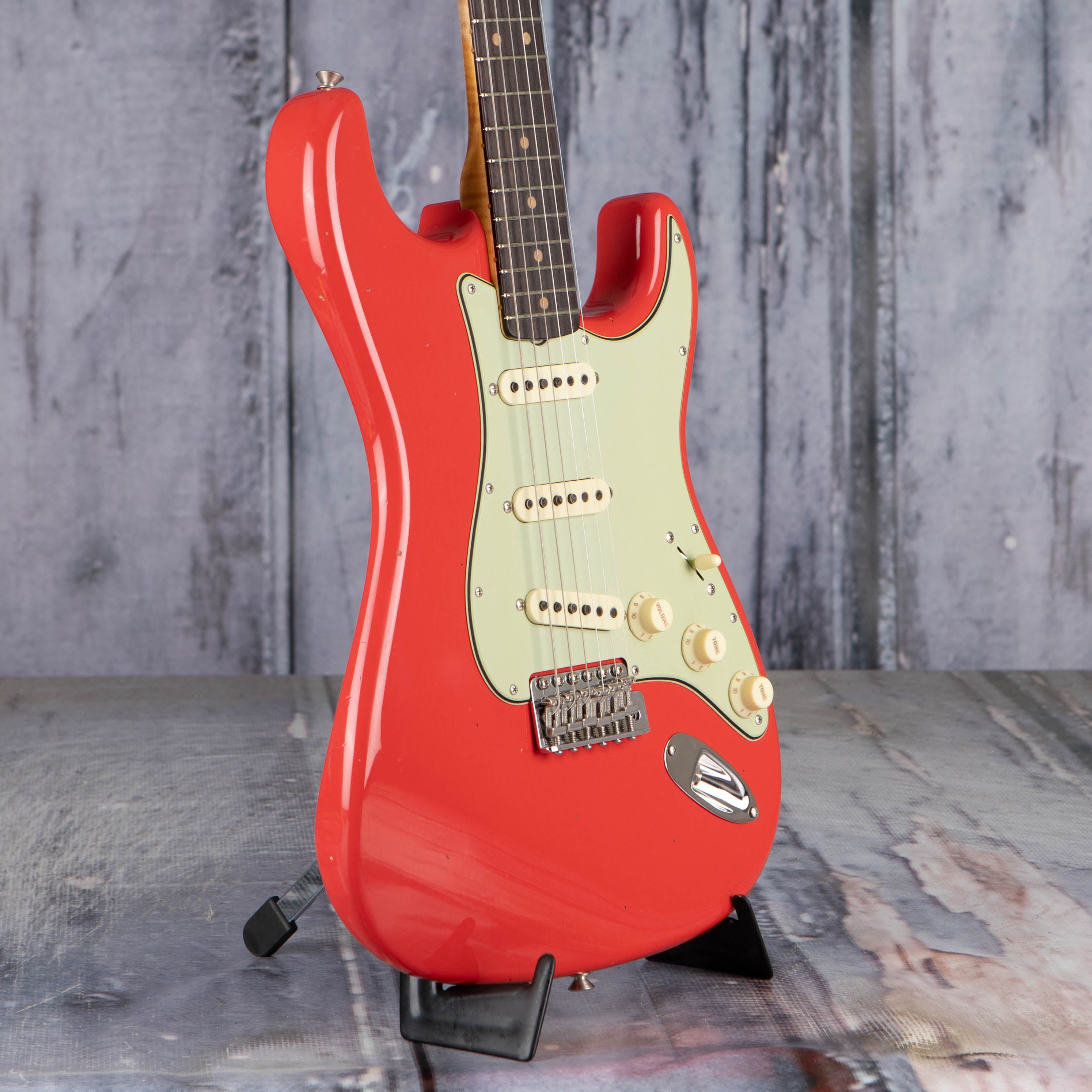 Fender Custom Shop Limited 1963 Stratocaster Journeyman Relic Closet Classic Electric Guitar, Aged Fiesta Red, angle