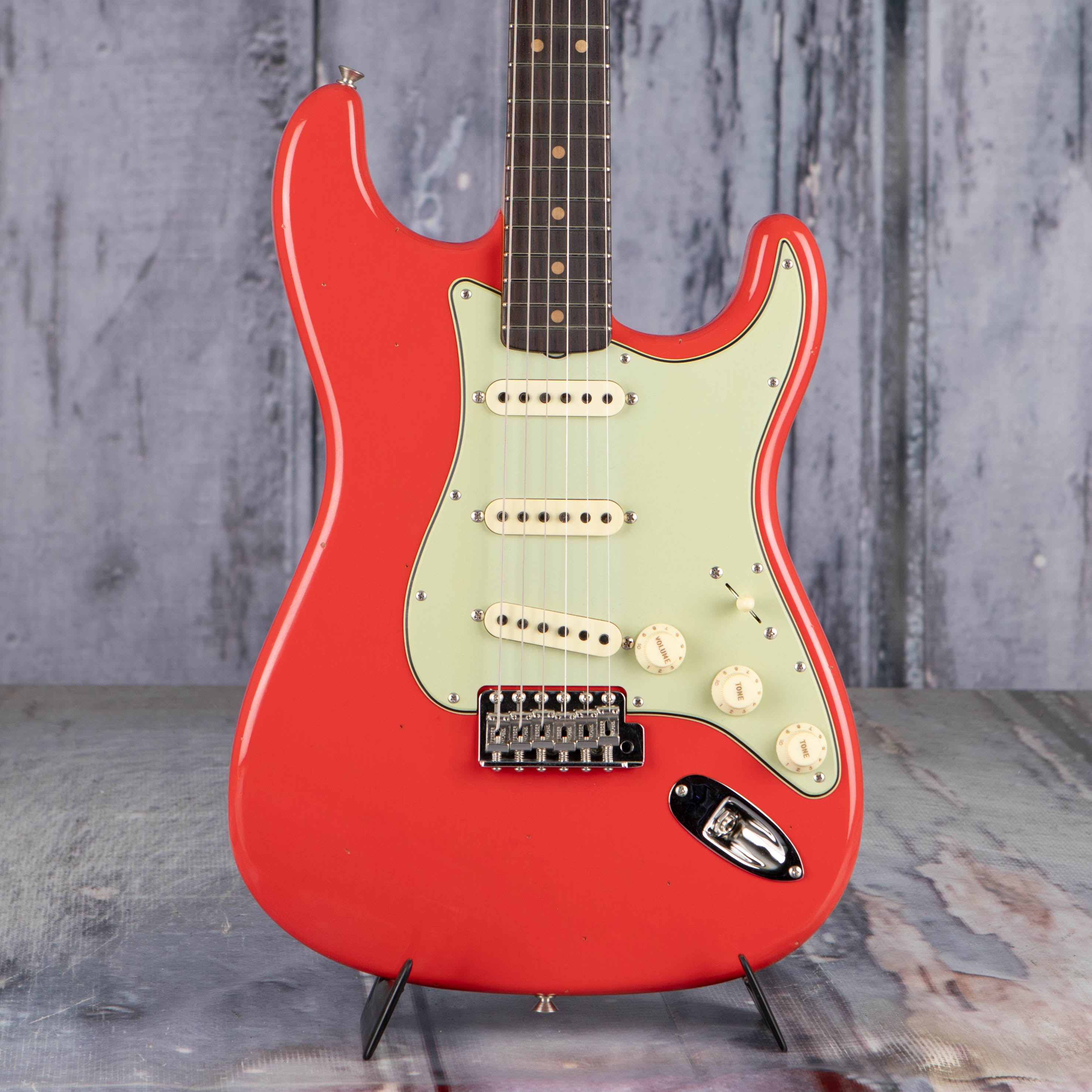 Fender Custom Shop Limited 1963 Stratocaster Journeyman Relic Closet Classic Electric Guitar, Aged Fiesta Red, front closeup