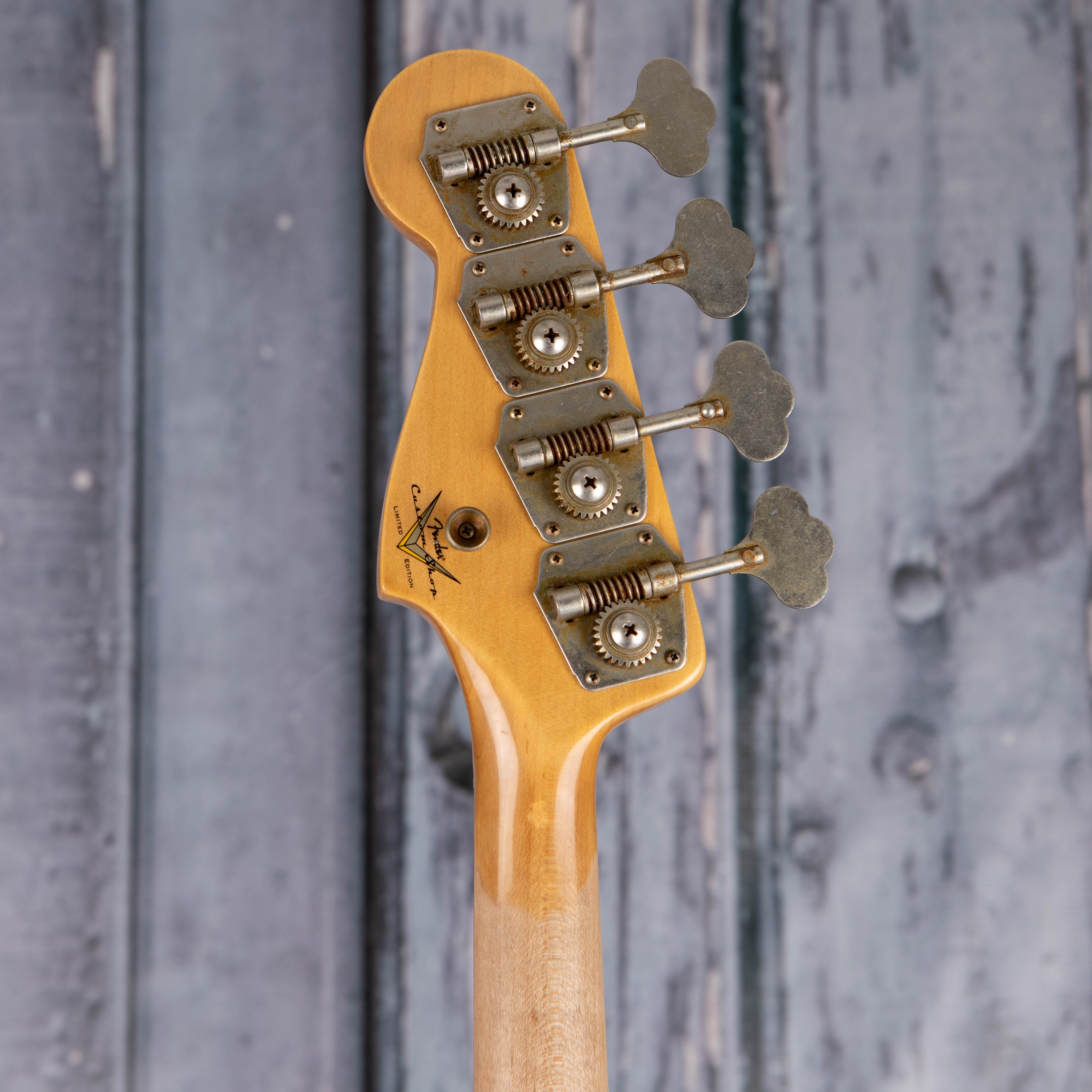 Fender Custom Shop Limited 1964 Jazz Bass Journeyman Relic Electric Bass Guitar, Aged Fiesta Red, back headstock