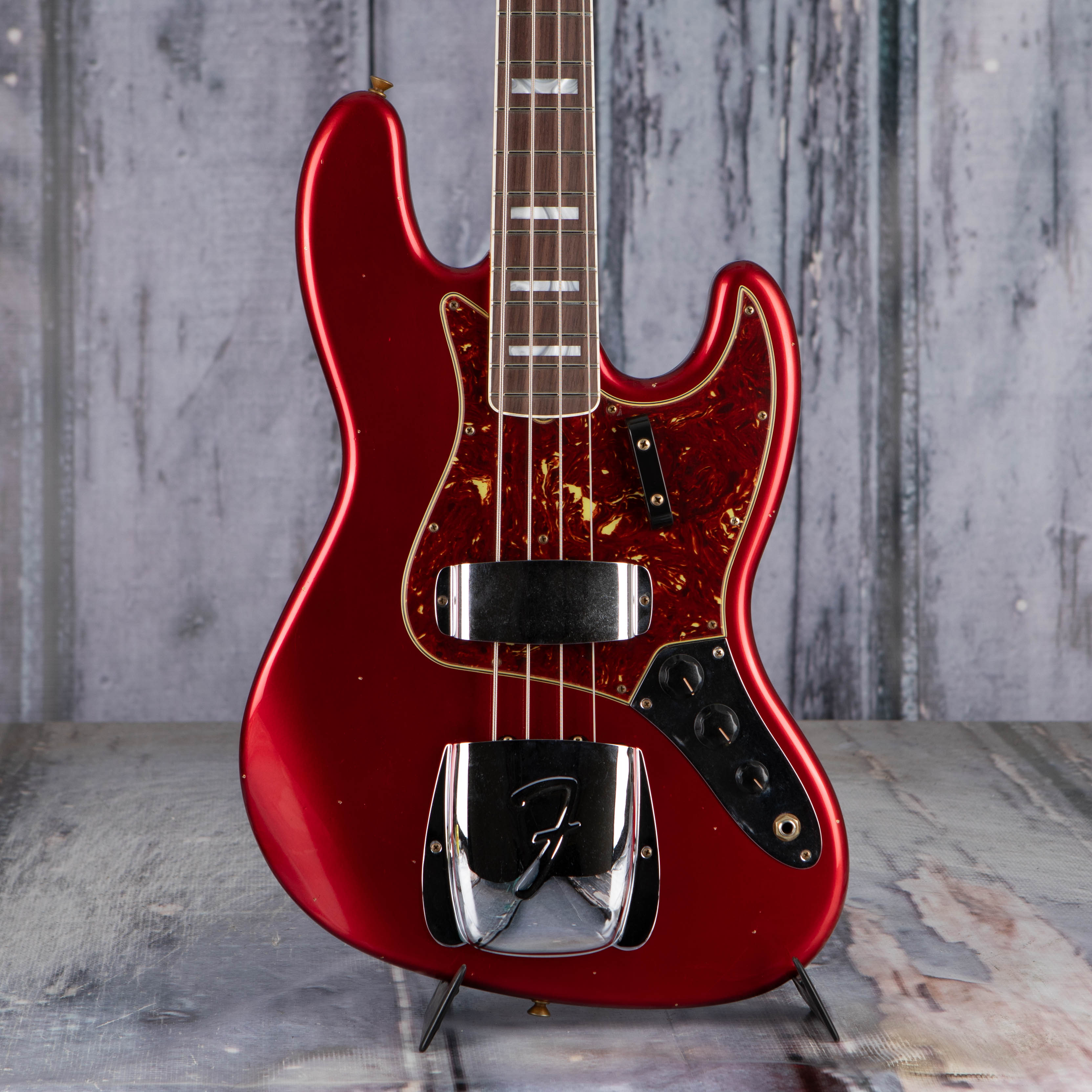 Fender Custom Shop Limited 1966 Jazz Bass Journeyman Relic Electric Bass Guitar, Aged Candy Apple Red, front closeup