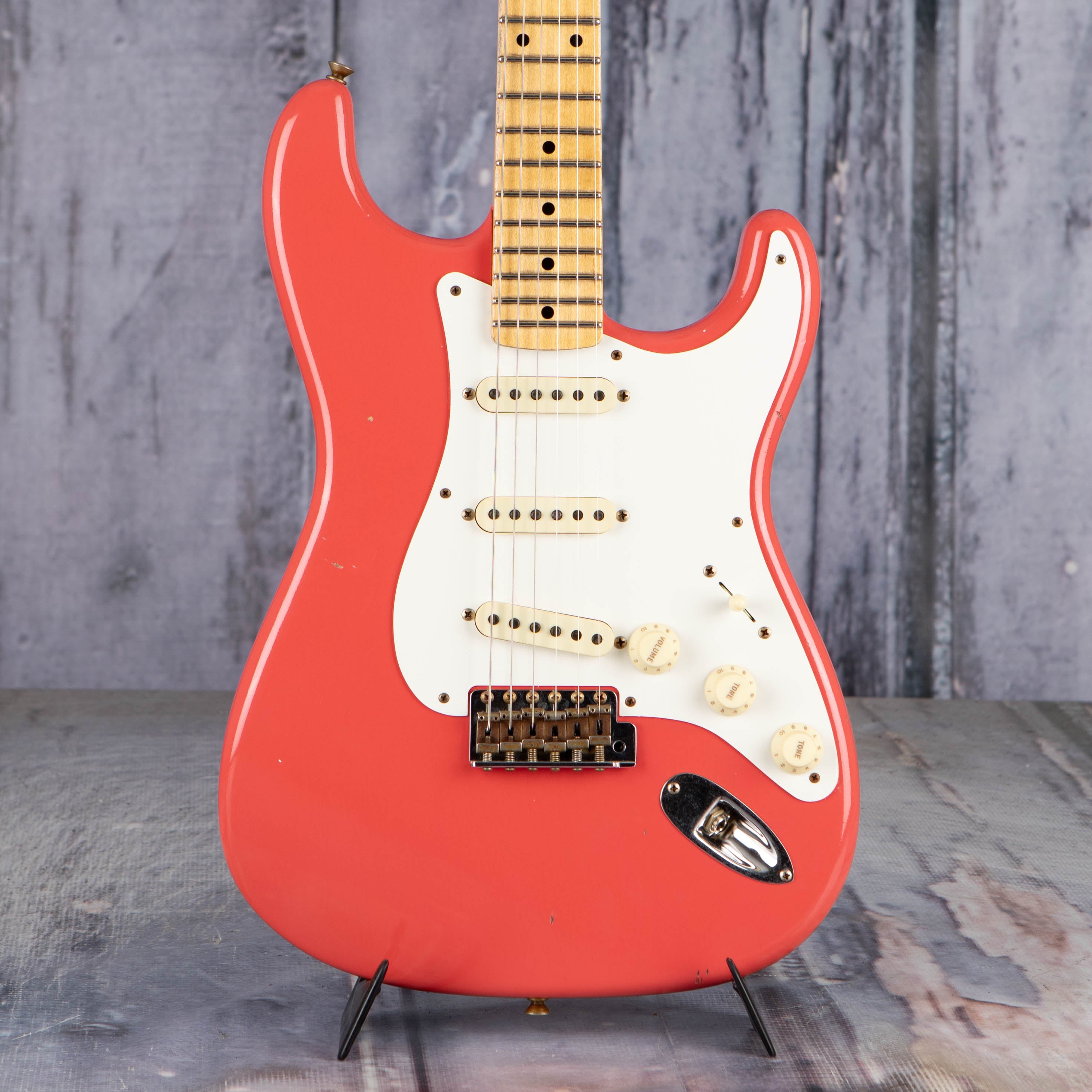 Fender Custom Shop Limited Edition 1956 Stratocaster Journeyman Relic Electric Guitar, Super Faded Aged Fiesta Red, front closeup