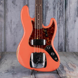 Fender Custom Shop Limited Edition 1960 Jazz Bass Relic Electric Bass Guitar, Super Faded Aged Tahitian Coral, front closeup