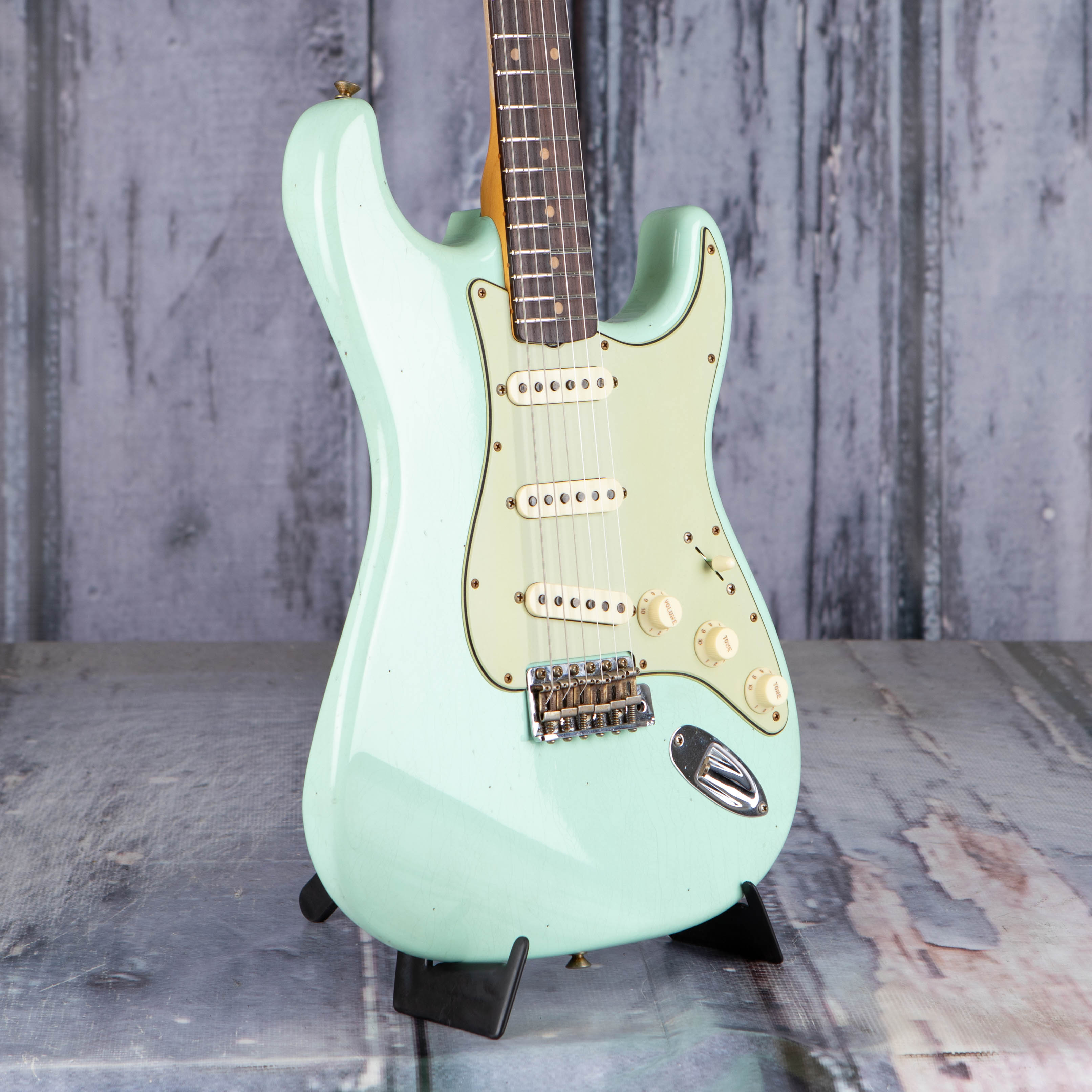 Fender Custom Shop Limited Edition 1960 Stratocaster Journeyman Relic Electric Guitar, Faded Aged Surf Green, angle