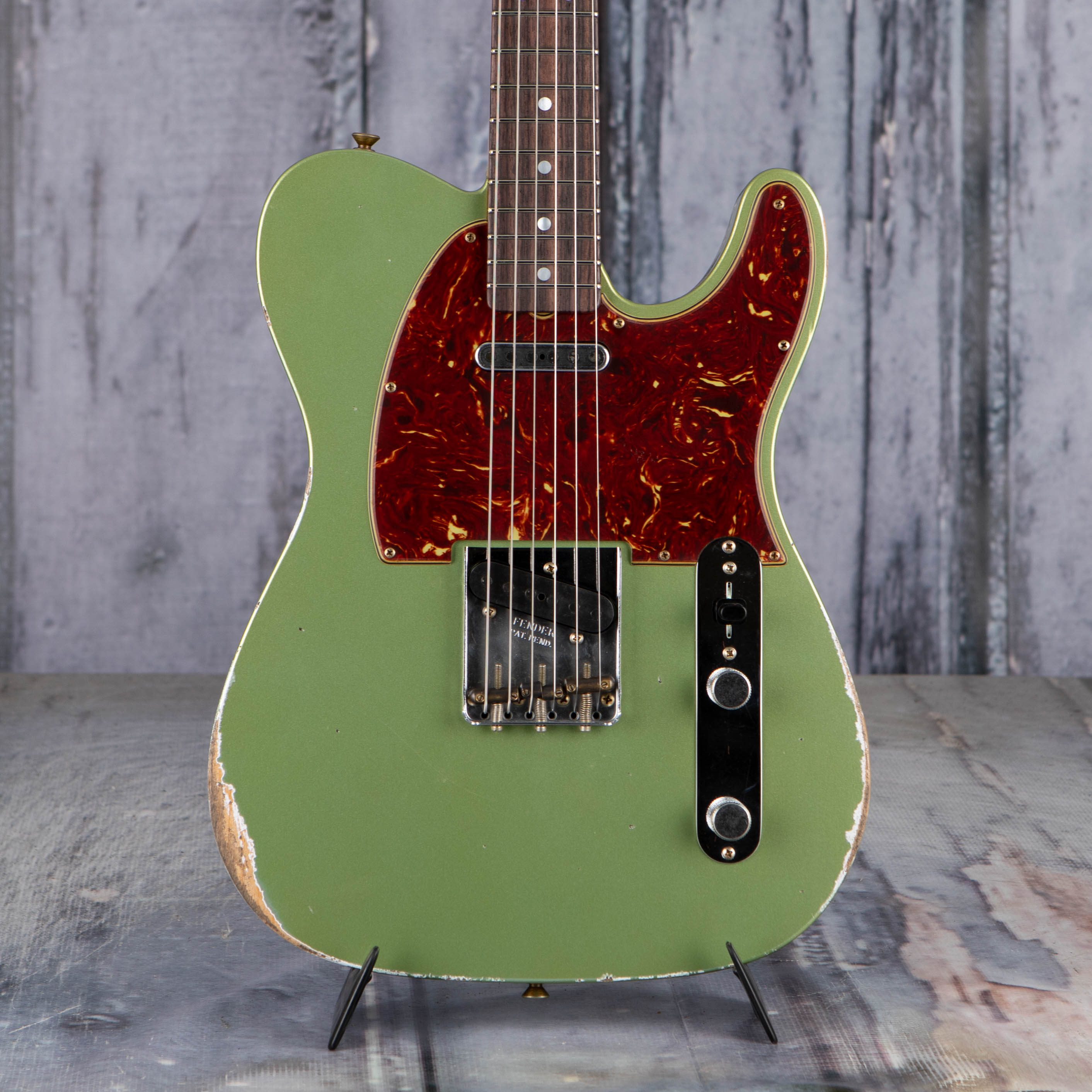 Fender Custom Shop Limited Edition 1964 Telecaster Relic Electric Guitar, Aged Sage Green Metallic, front closeup