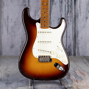 Fender Custom Shop Limited Roasted '50s Stratocaster Limited Closet Classic Electric Guitar, Wide Faded Aged Chocolate 2-Tone Sunburst, front closeup