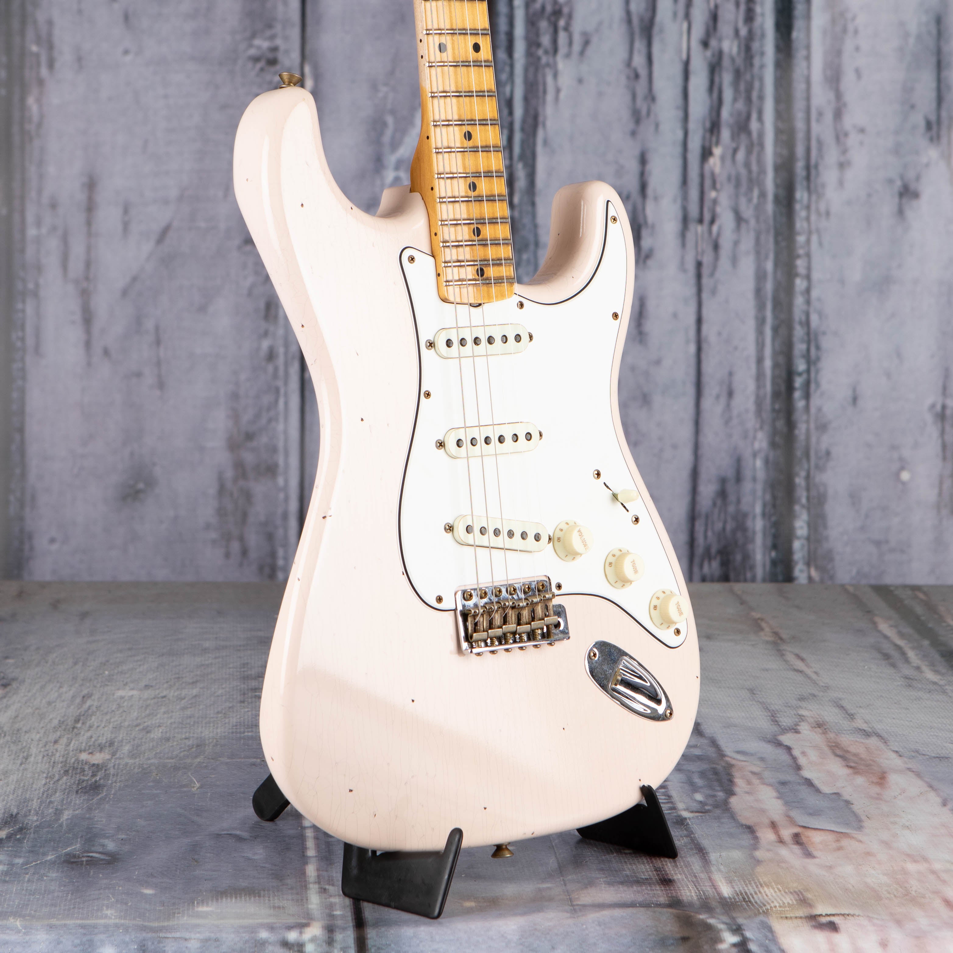 Fender Custom Shop Limited Tomatillo Strat Special Journeyman Relic Electric Guitar, Super Faded Aged Shell Pink, angle