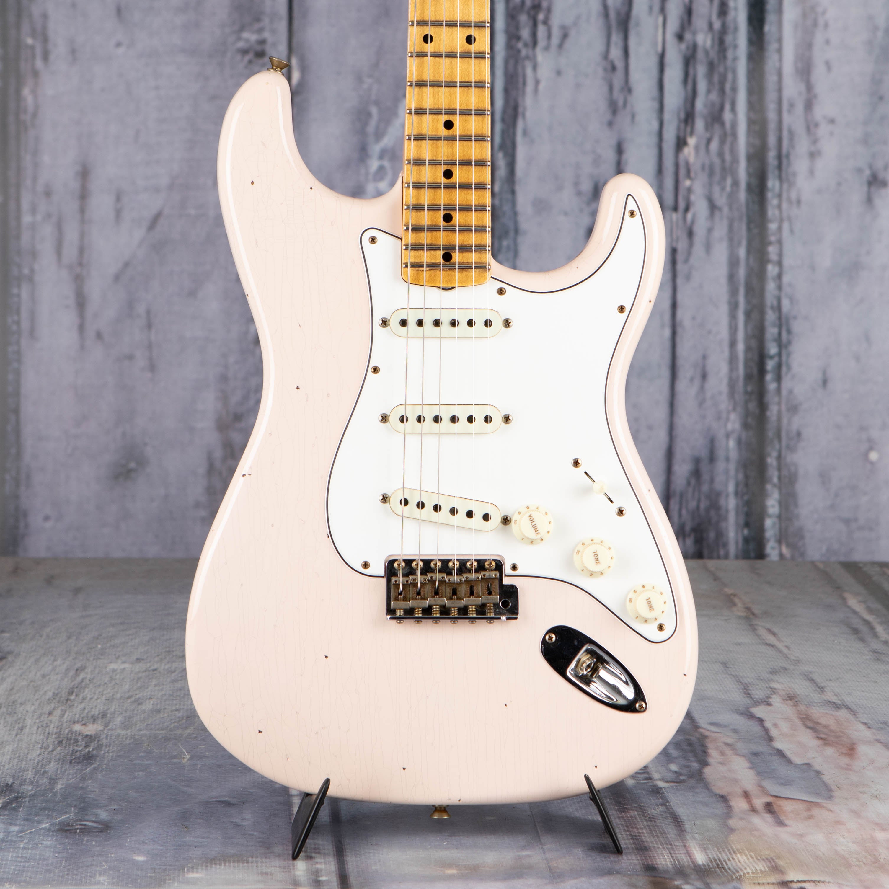 Fender Custom Shop Limited Tomatillo Strat Special Journeyman Relic Electric Guitar, Super Faded Aged Shell Pink, front closeup