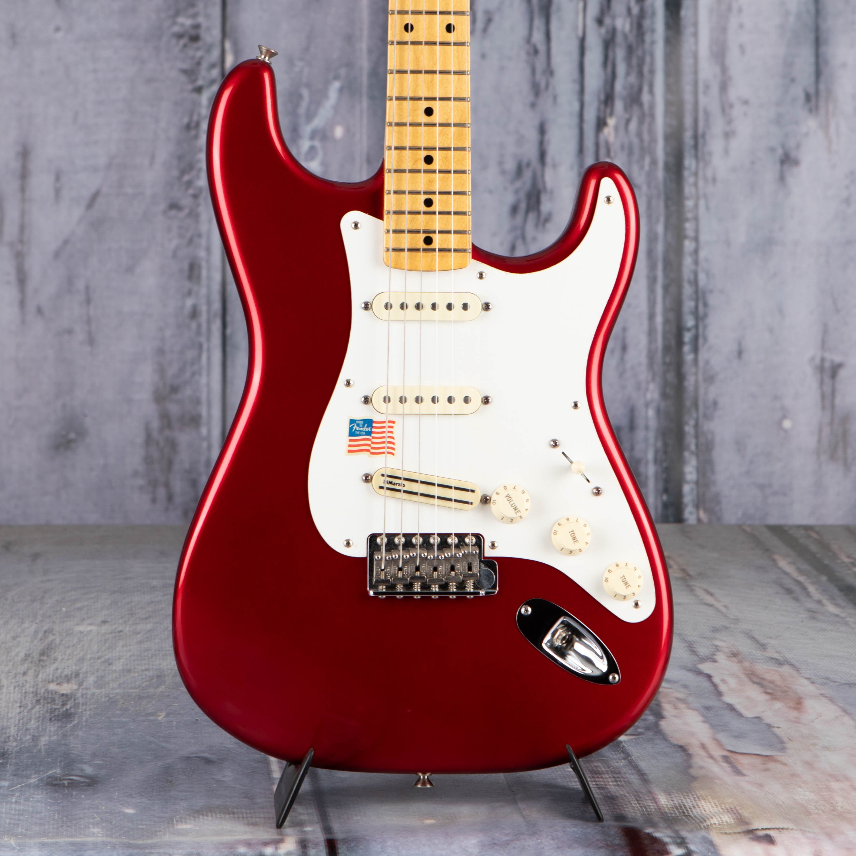Used Fender Vintage Hot Rod '57 Stratocaster Electric Guitar, 2007, Candy Apple Red, front closeup