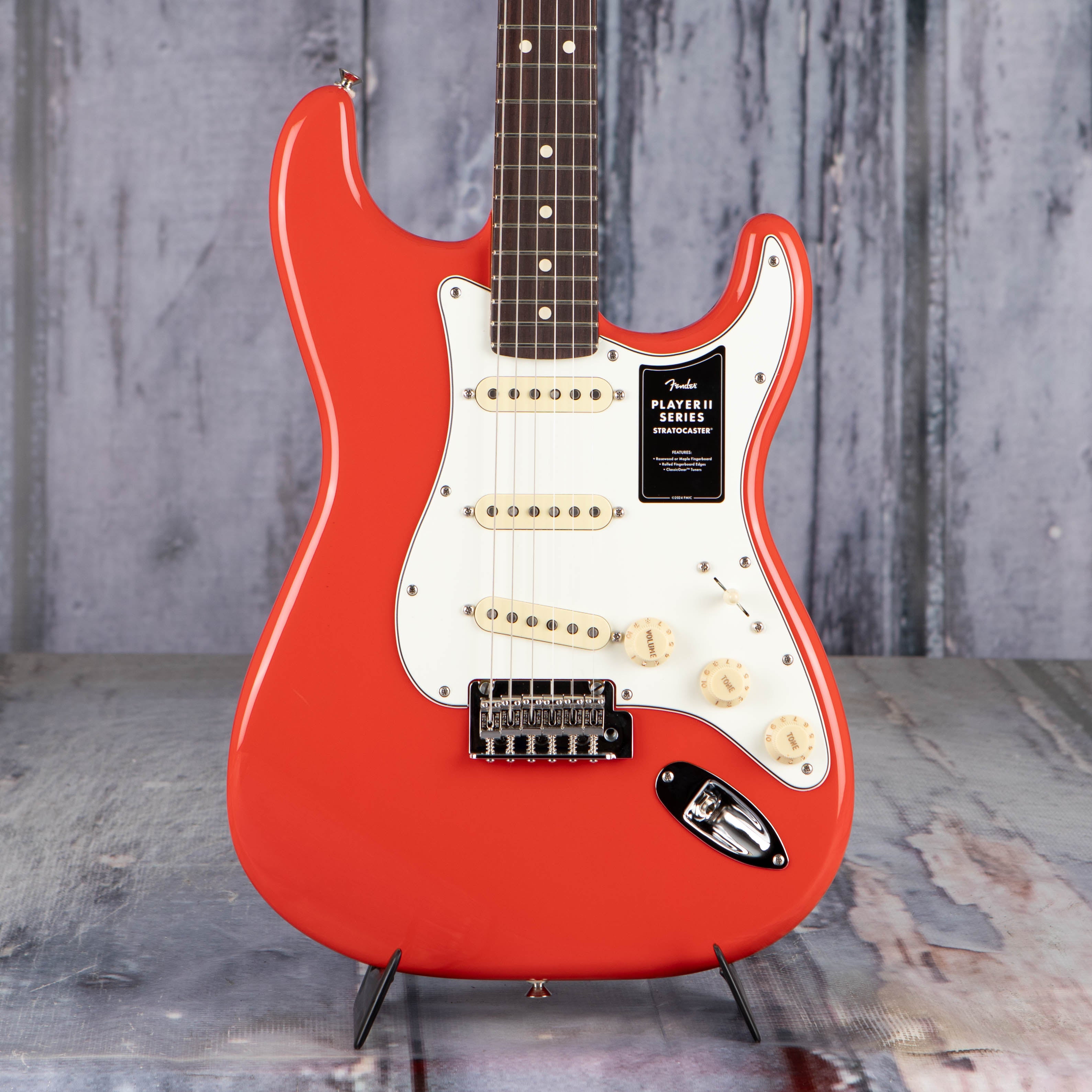 Fender Player II Stratocaster Electric Guitar, Coral Red, front closeup