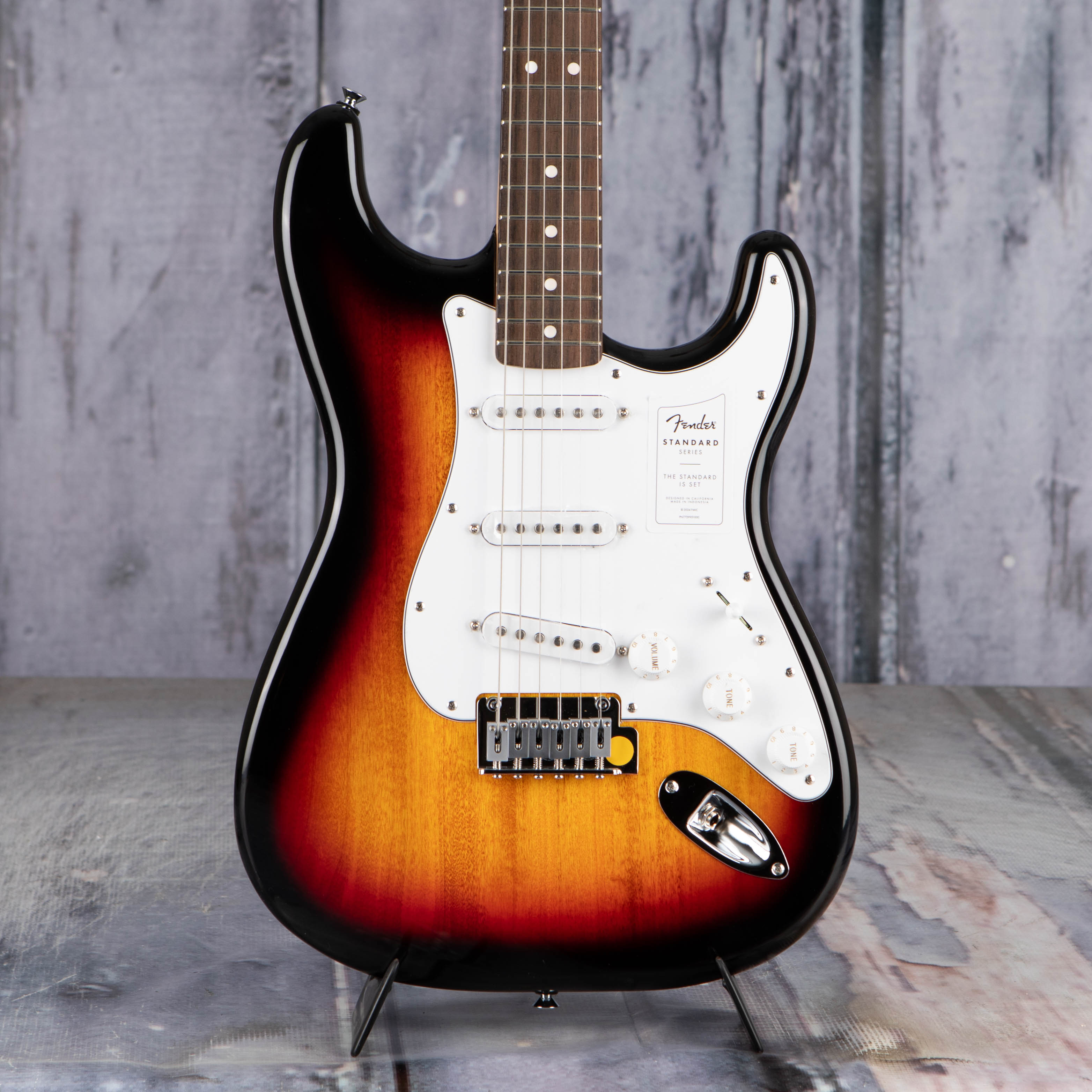 Fender Standard Stratocaster Electric Guitar, 3-Color Sunburst, front closeup