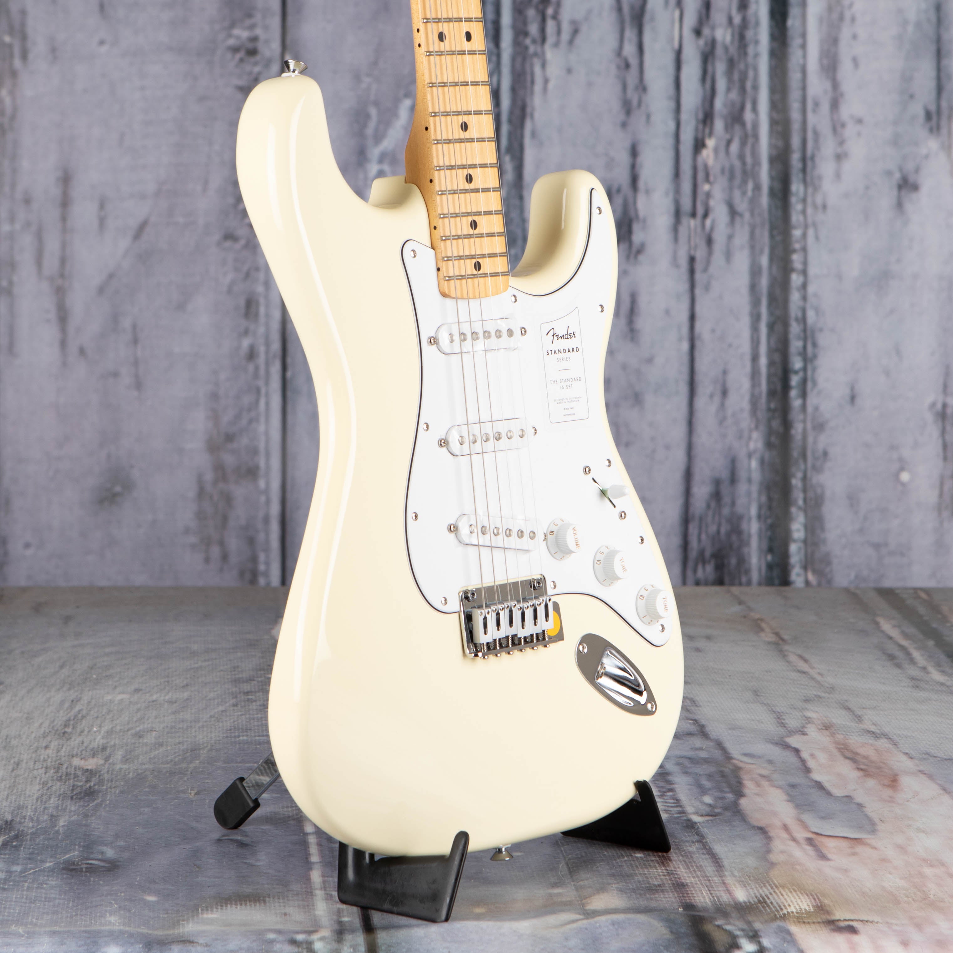 Fender Standard Stratocaster Electric Guitar, Olympic White, angle