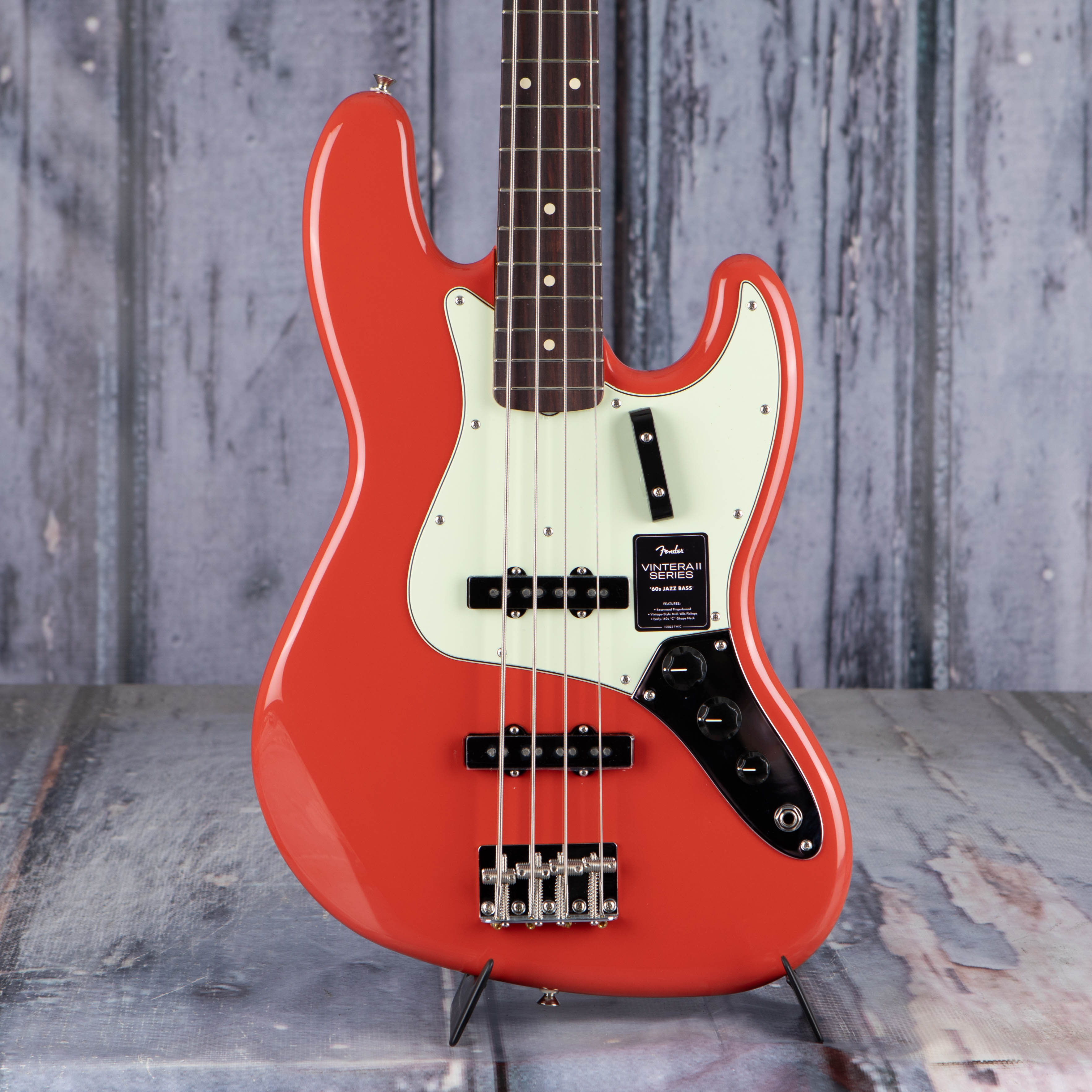 Fender Vintera II '60s Jazz Bass Guitar, Fiesta Red, front closeup