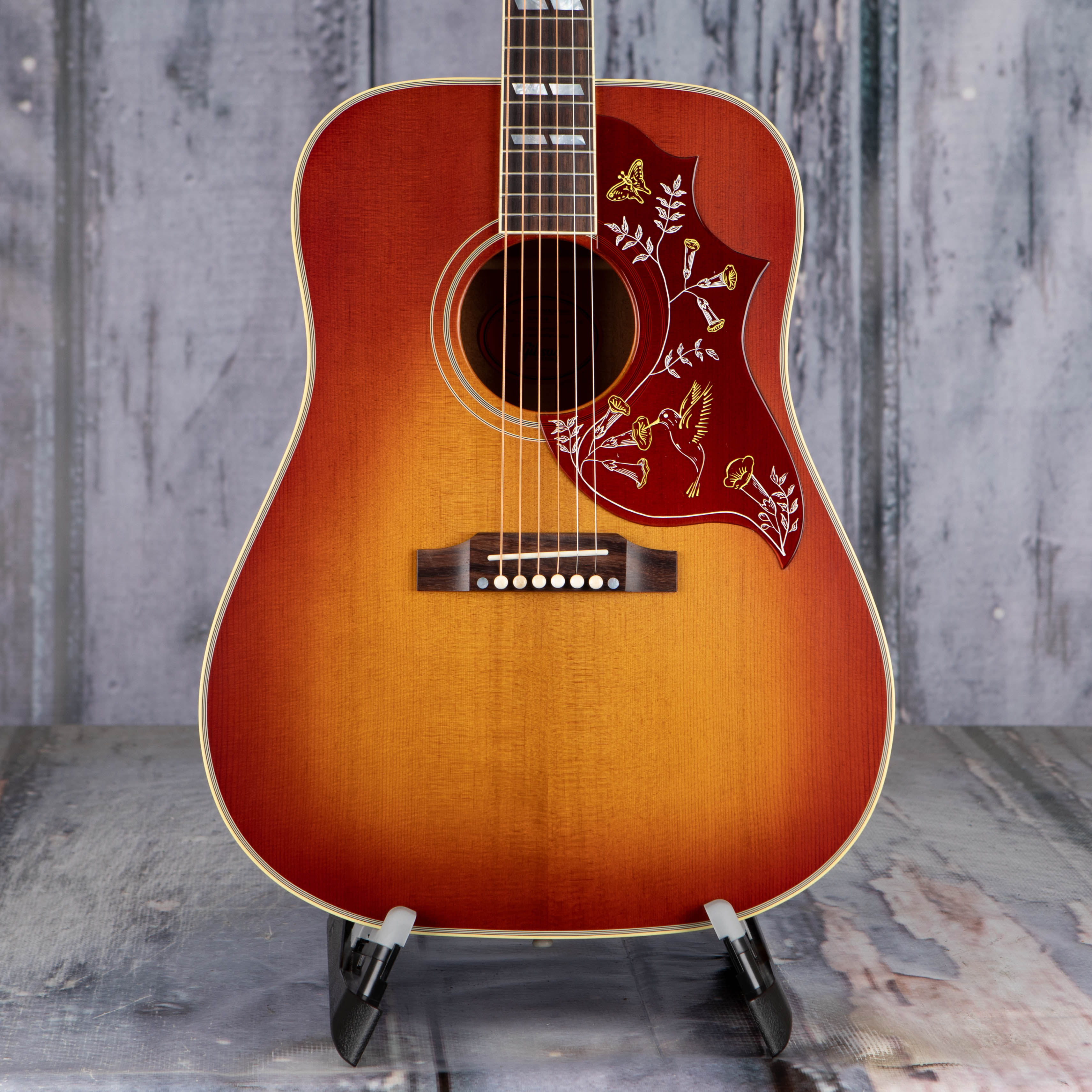 Gibson Custom Shop 1960 Hummingbird Fixed Bridge Acoustic Guitar, Heritage Cherry Sunburst, front closeup