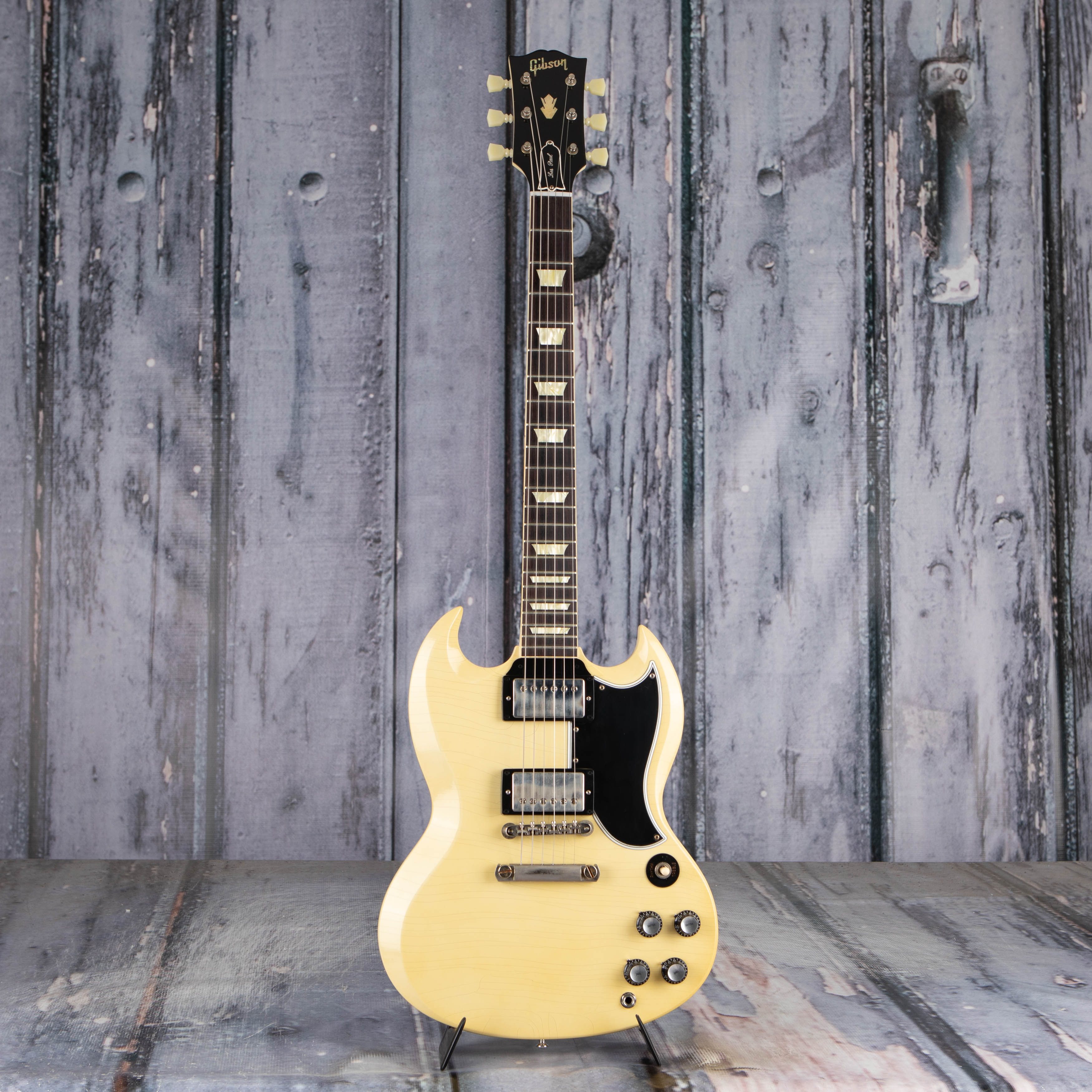 Gibson Custom Shop 1961 Les Paul SG Standard Stop Bar Reissue Murphy Lab Ultra Light Aged Electric Guitar, Antique Polaris White, front