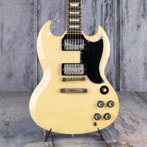 Gibson Custom Shop 1961 Les Paul SG Standard Stop Bar Reissue Murphy Lab Ultra Light Aged Electric Guitar, Antique Polaris White, front closeup