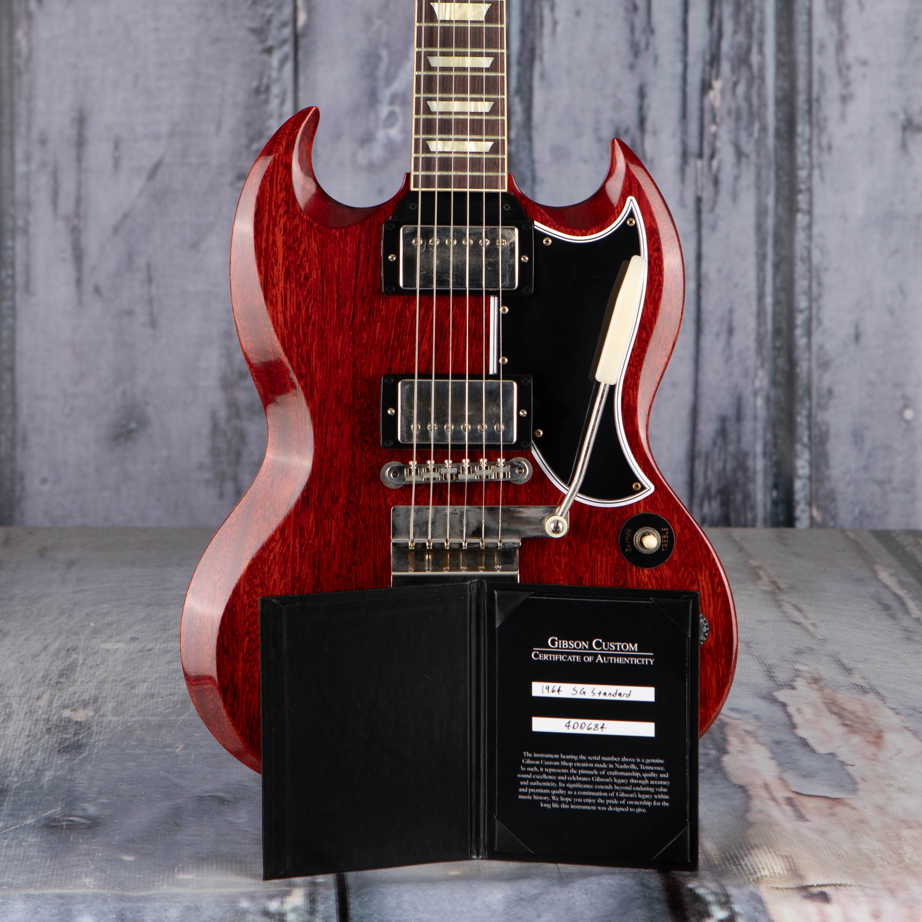 Gibson Custom Shop 1964 SG Standard Reissue W/ Maestro Vibrola VOS Electric Guitar, Cherry Red, coa