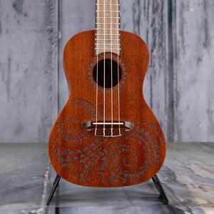 Luna Tattoo Concert Mahogany Ukulele, Natural, front closeup