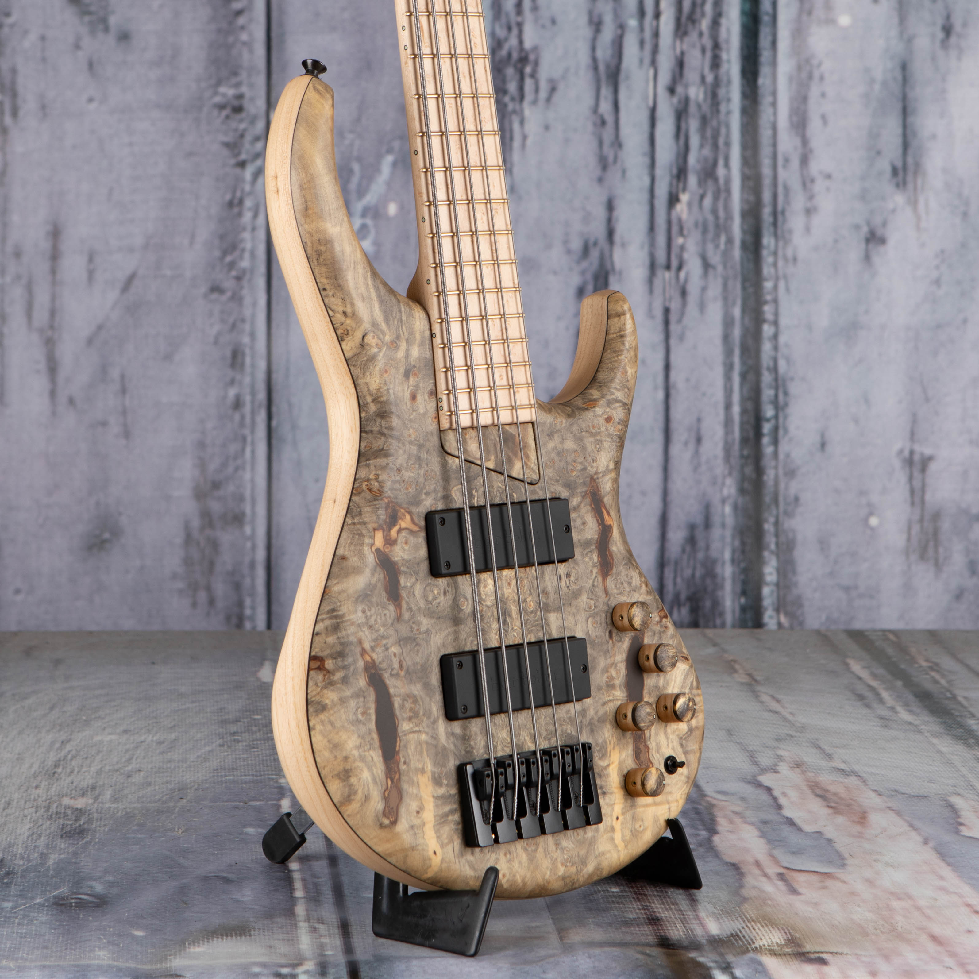 MTD 535-24 Ash 5-String Electric Bass Guitar, Buck Eye Burl, angle